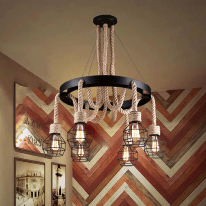 Epoch Industrieller LED Kronleuchter Flachsfarbenes Metall/Seil-Schmiedekunst Wohnzimmer