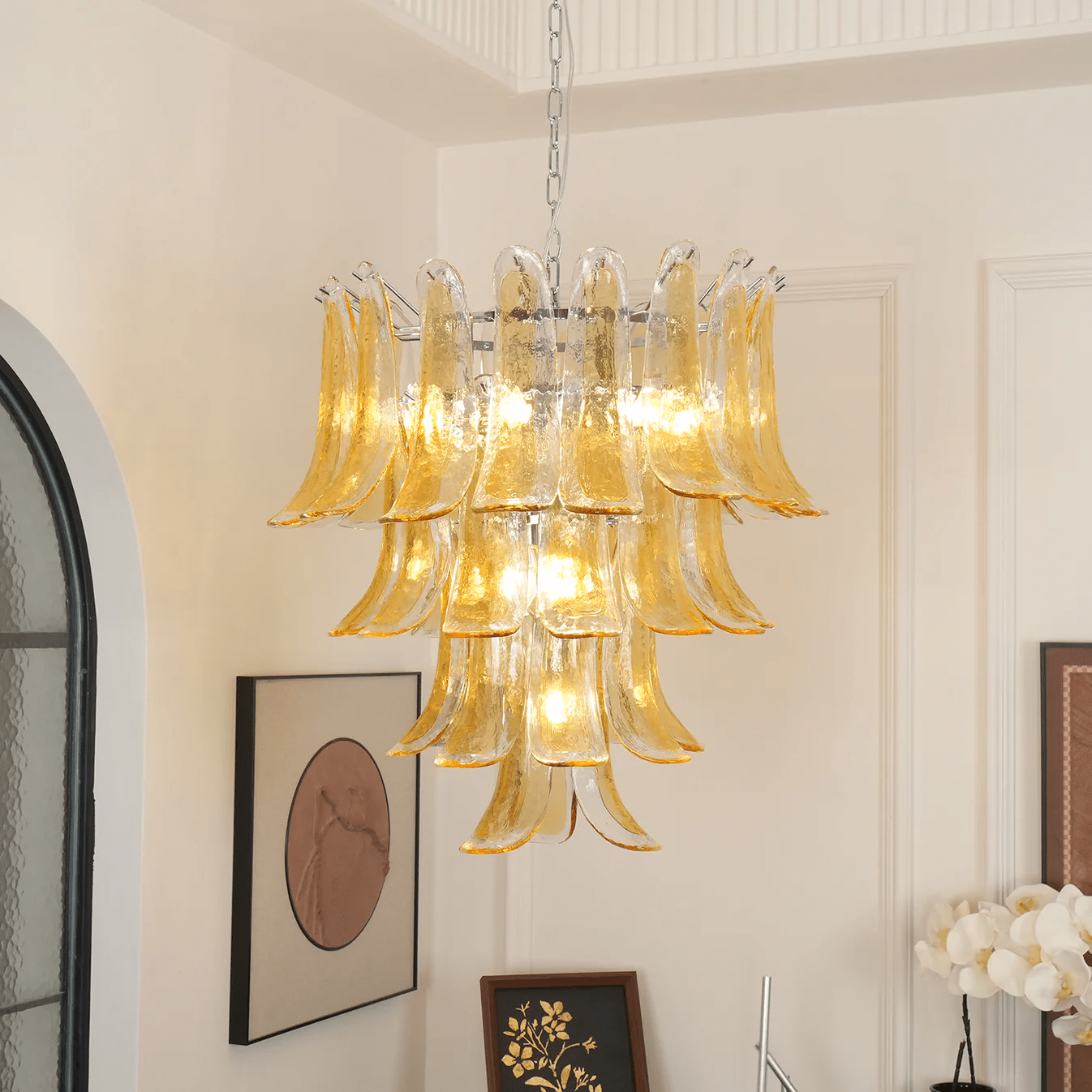 Aurora Chandelier Amber Lily Murano Glass Layered Centerpiece - Neutralighting