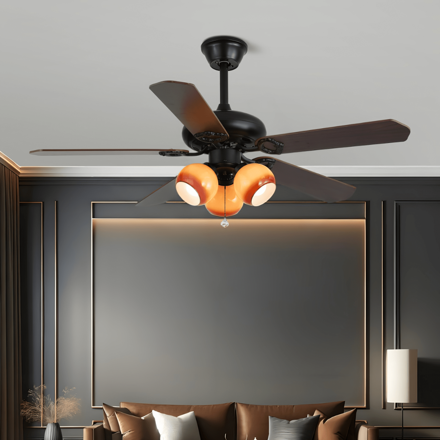 Calviera Vintage Deckenventilatorleuchte aus Holz und Glas beleuchtet ein Schlafzimmer