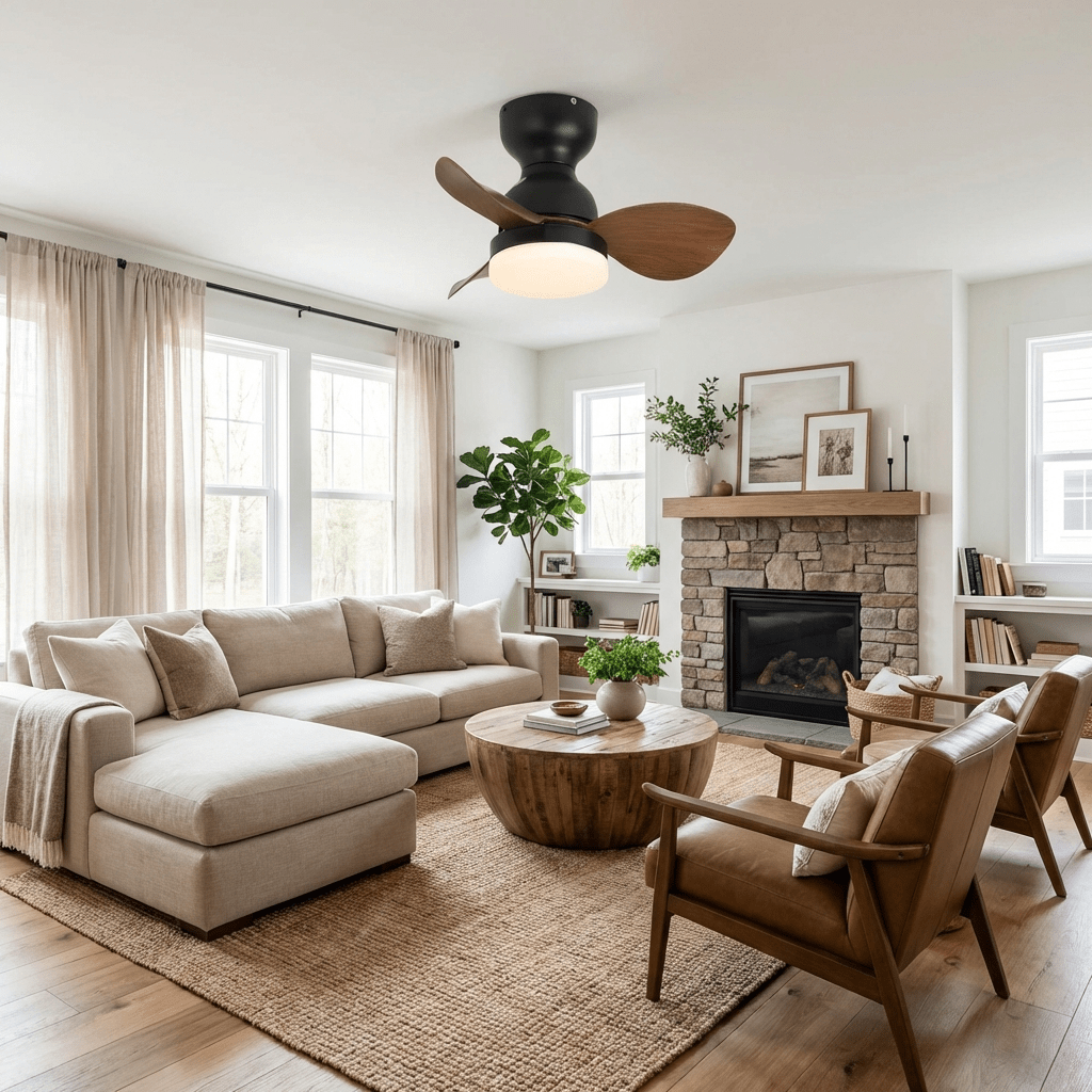 Silas Deckenventilatorleuchte in einem modernen Wohnzimmer