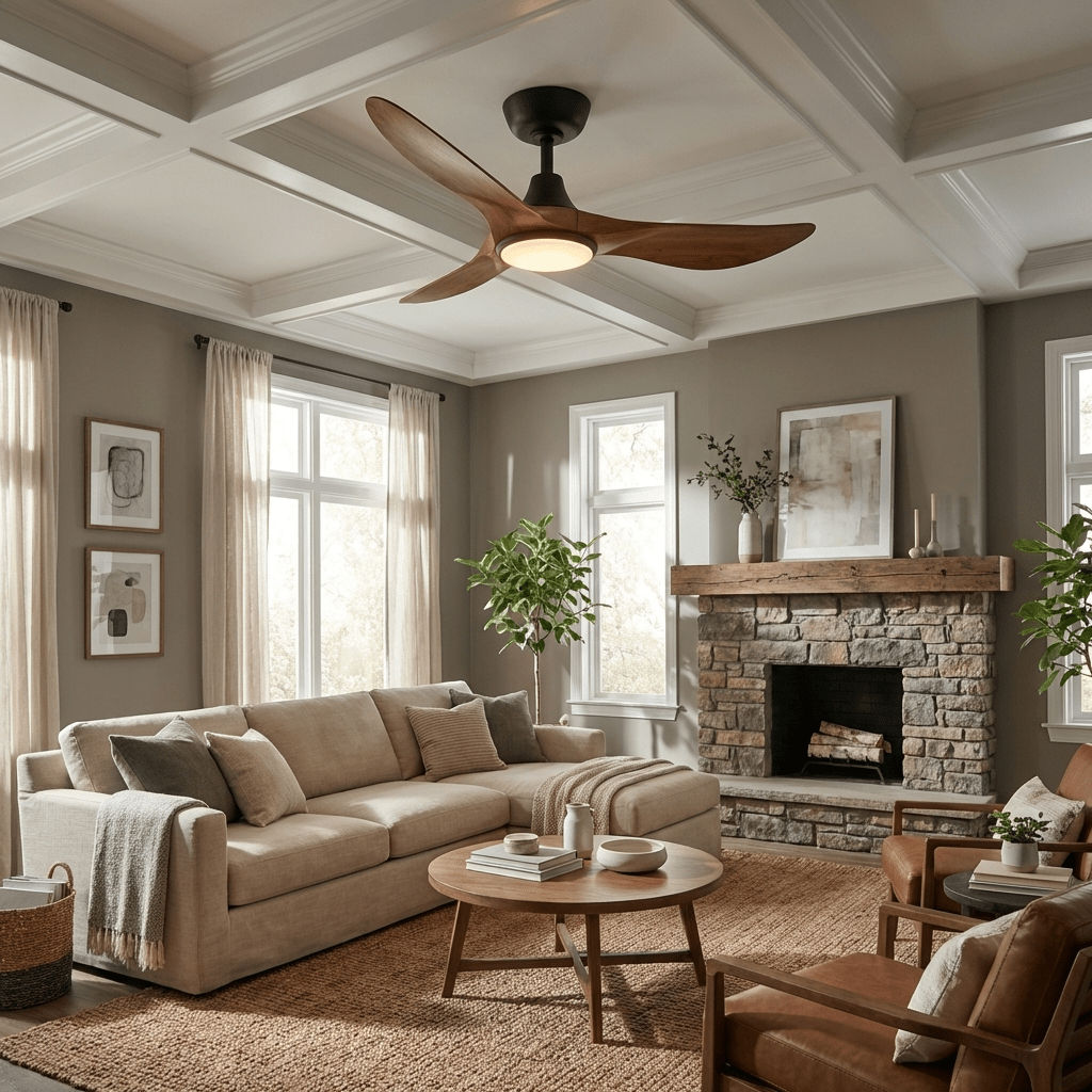 Finn Deckenventilatorleuchte, die ihr elegantes Design und ihre Funktionalität zeigt