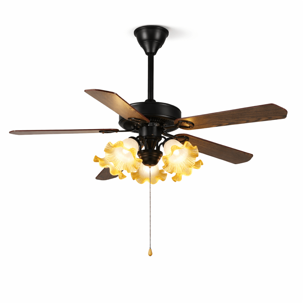 Nahaufnahme der Details und Materialien des Theodore Vintage Deckenventilators mit Beleuchtung