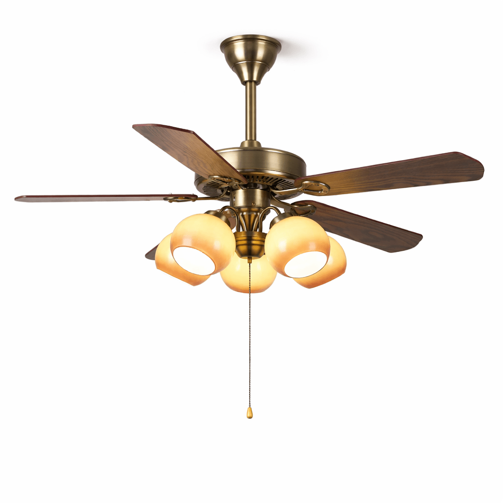 Theodore Vintage Deckenventilator mit Beleuchtung in einer Raumumgebung, der seinen Vintage-Stil zur Geltung bringt