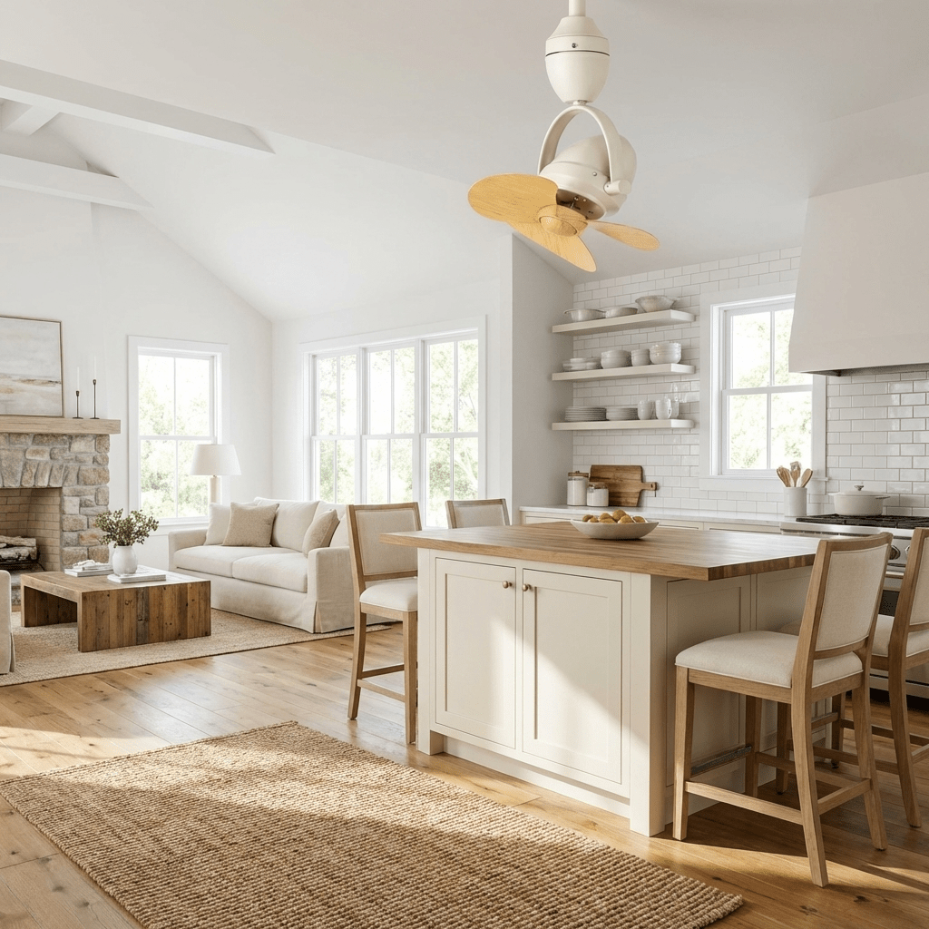 Blake Retro Pivot Deckenventilator in einem modernen Innenraum installiert