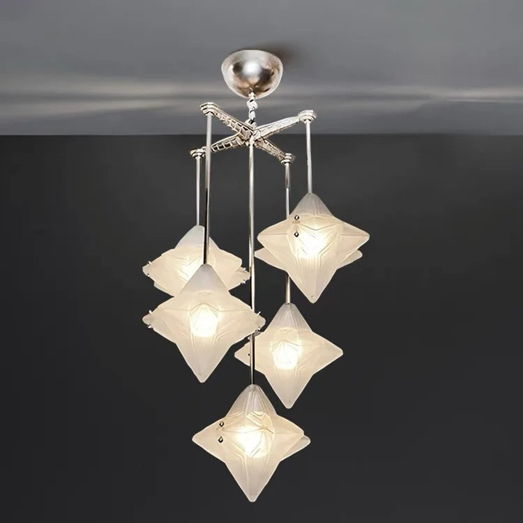 Art Deco Stern Kronleuchter Milchglas, Seitenansicht