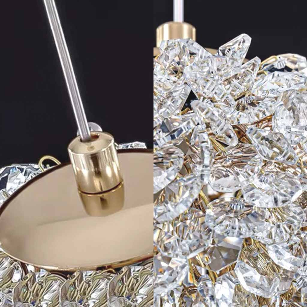 Detailansicht der goldenen Aufhängung und des Kristallschirms