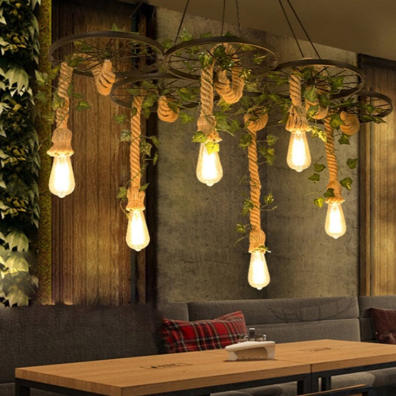 Valentina Industrieller LED Kronleuchter Schwarz Rattan Bar/Wohnzimmer