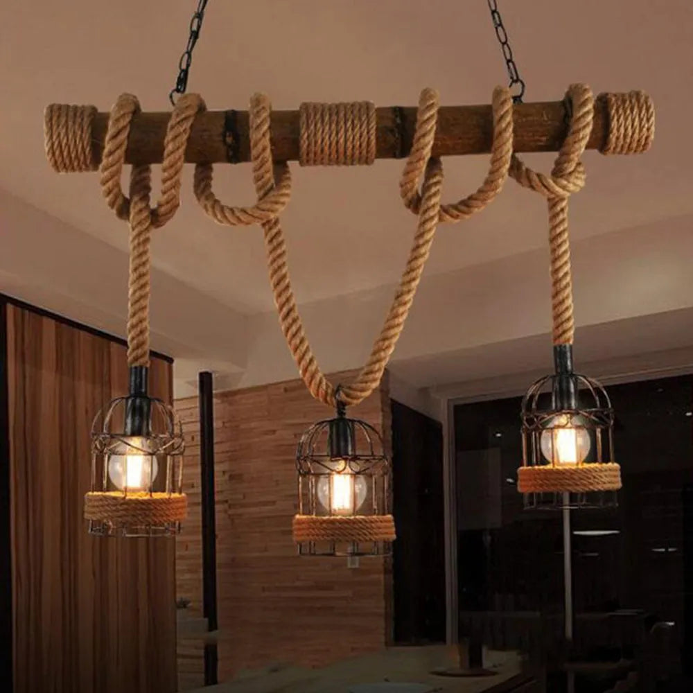 Epoch Vintage Pendelleuchte Zylinder Esstisch, Hanfseil Holz
