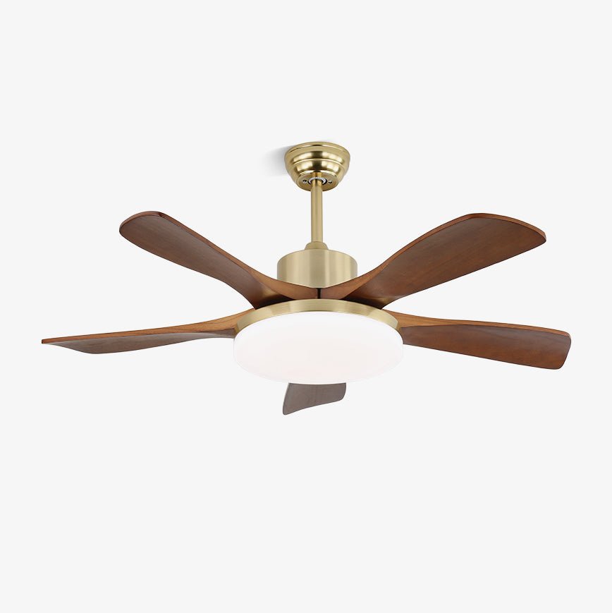 Elara Moderner Deckenventilator mit Licht aus Messing und Holz