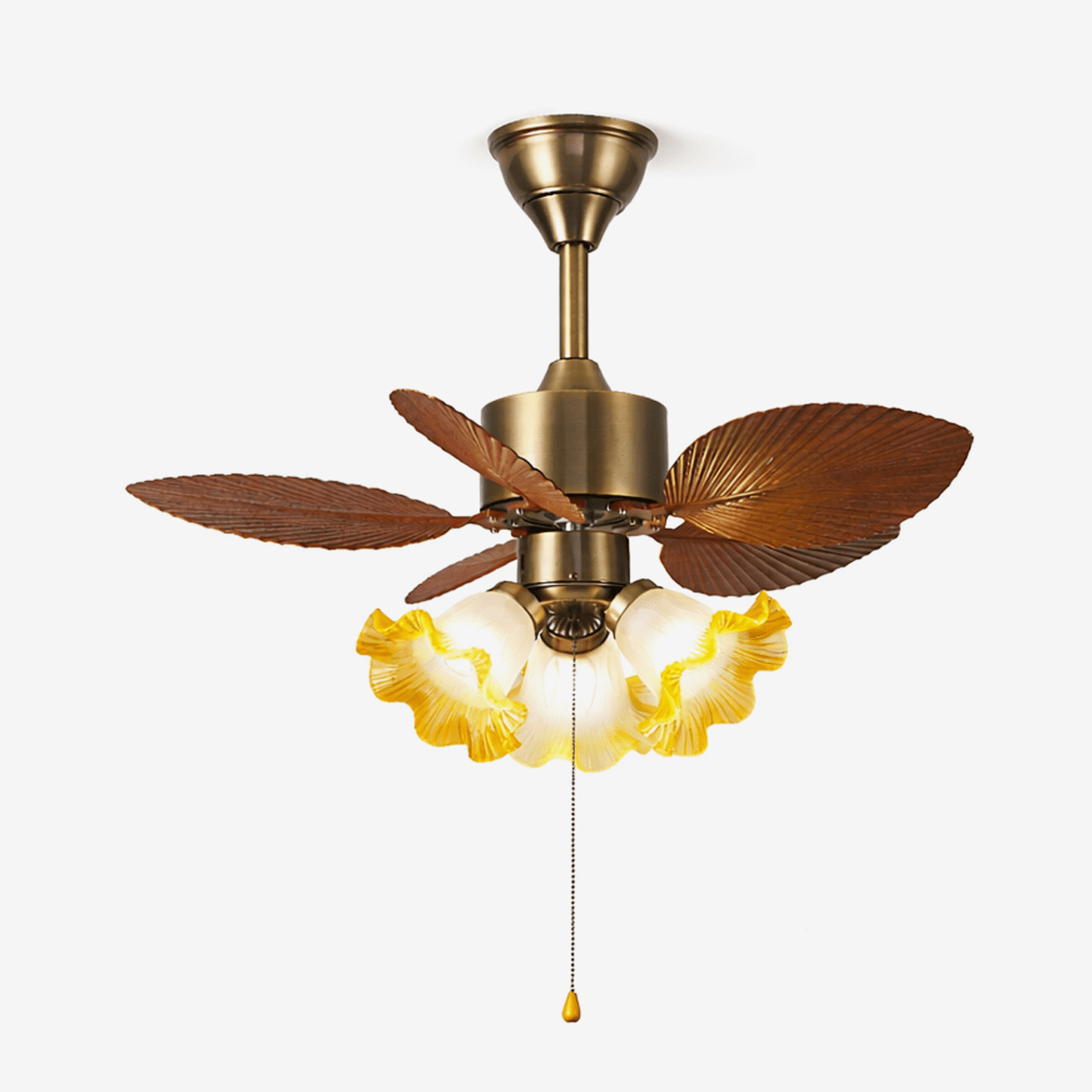 Gulliver Vintage Blatt Deckenventilatorleuchte in Walnuss-Finish, Vorderansicht