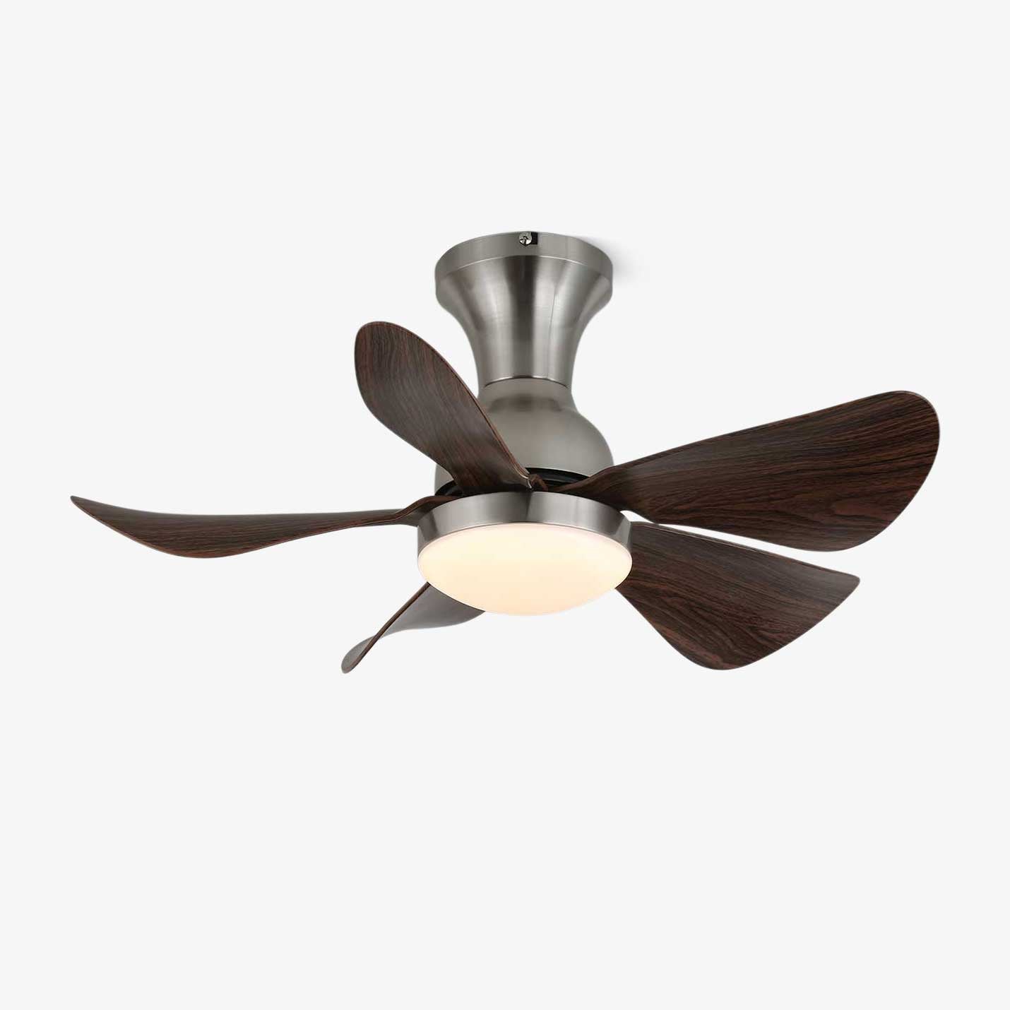 Novaro Moderner Deckenventilator mit Holzoptik und Beleuchtung, mit Flügeln in Walnussholzoptik und Metallrahmen.