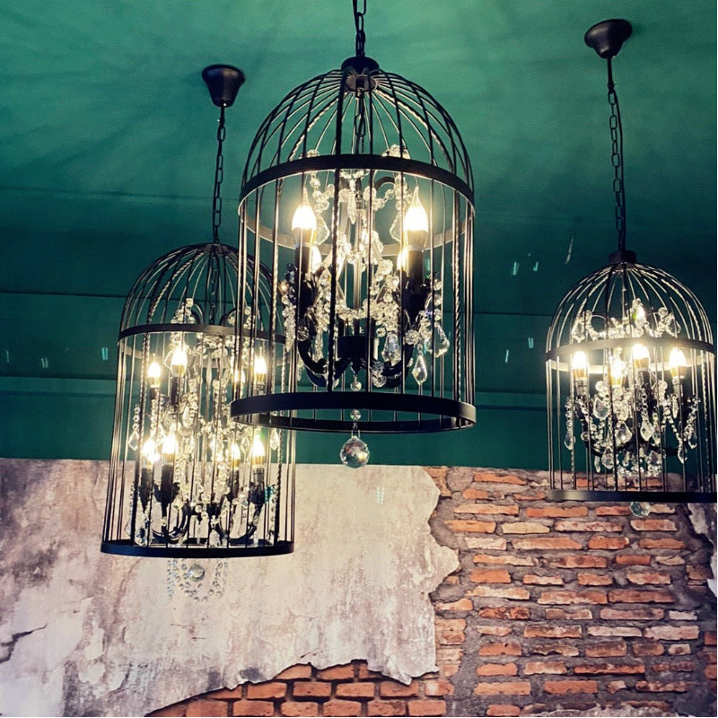 Kristy Retro LED Pendelleuchte Vogelkäfig Schwarz/Rost Wohn/Schlafzimmer Metall&Kristall 4/8/12-Flammig