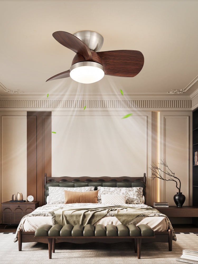 Nahaufnahme der Flügel und des Acrylschirms der Dyms Deckenventilatorleuchte