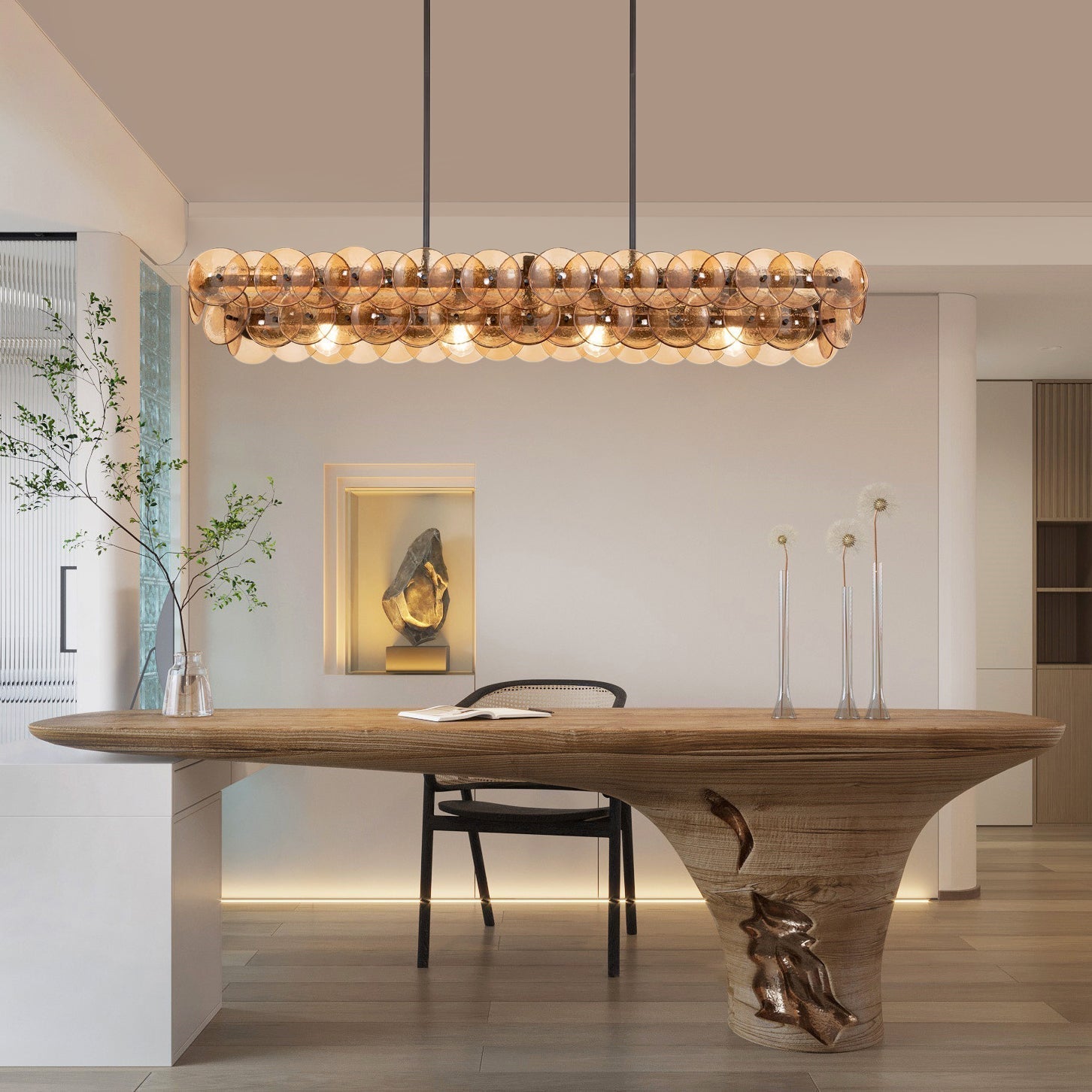 Aurora Chandelier Linear Amber Pressed Glass Disc Modern - Neutralighting