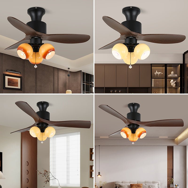 Lifestyle-Bild der Veloria Vintage Deckenventilatorlampe aus Glas und Holz in einem Schlafzimmer