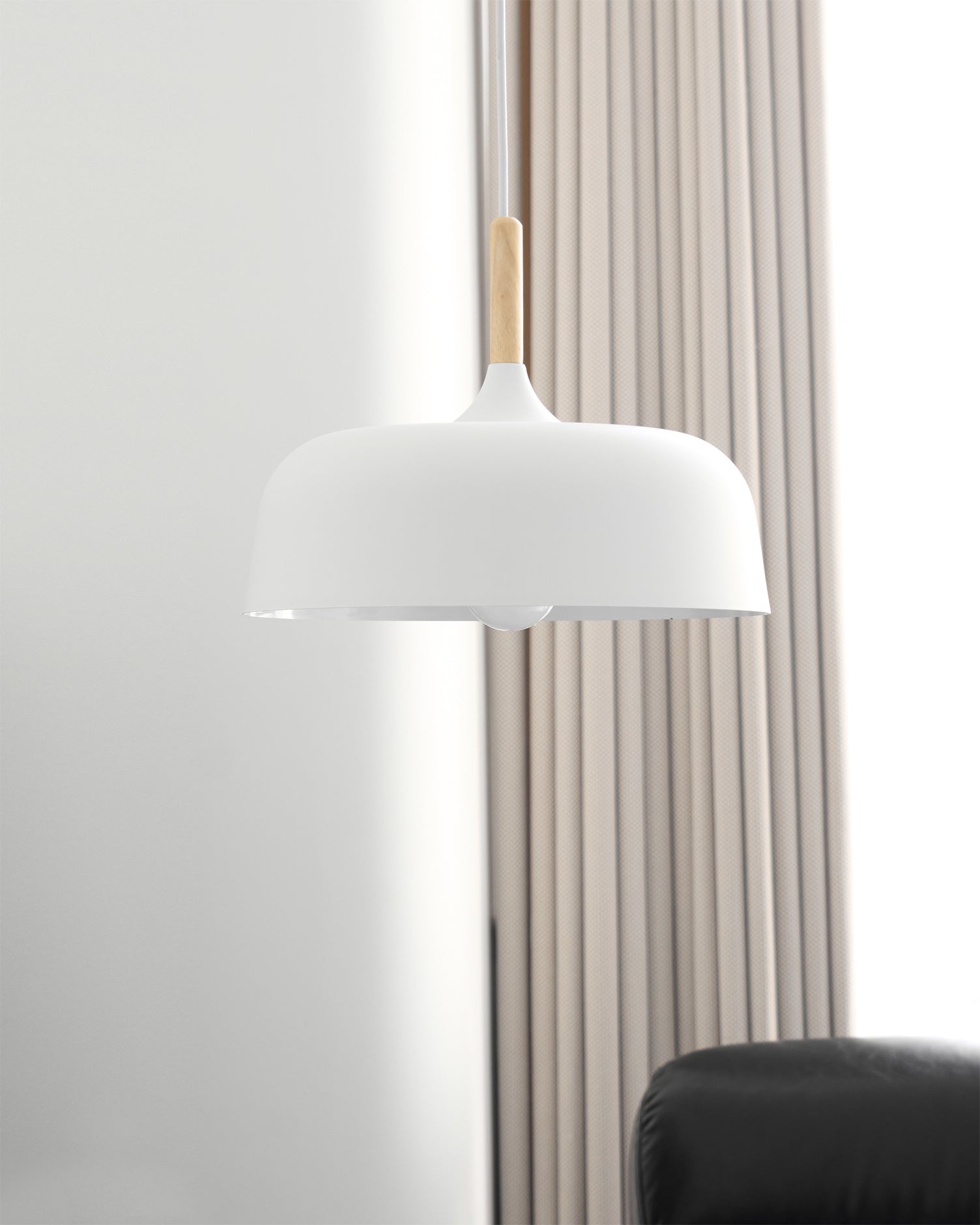 Lustra Pendelleuchte Weiß Schirm Holz-Letslighting