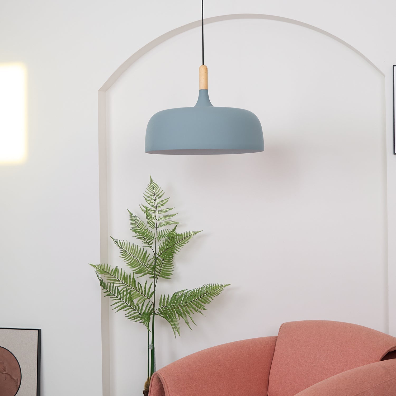 Lustra Pendelleuchte Weiß Schirm Holz-Letslighting