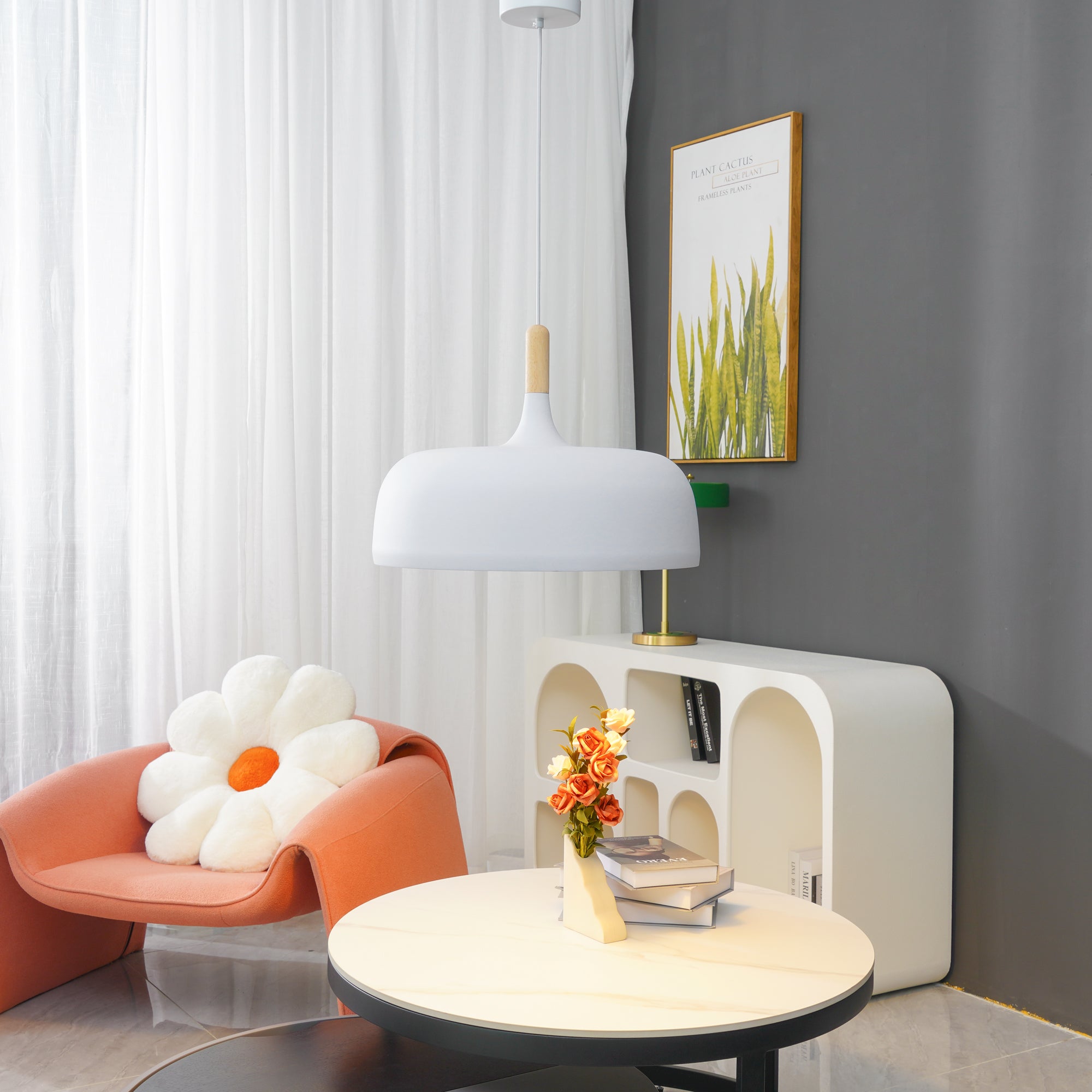 Lustra Pendelleuchte Weiß Schirm Holz-Letslighting