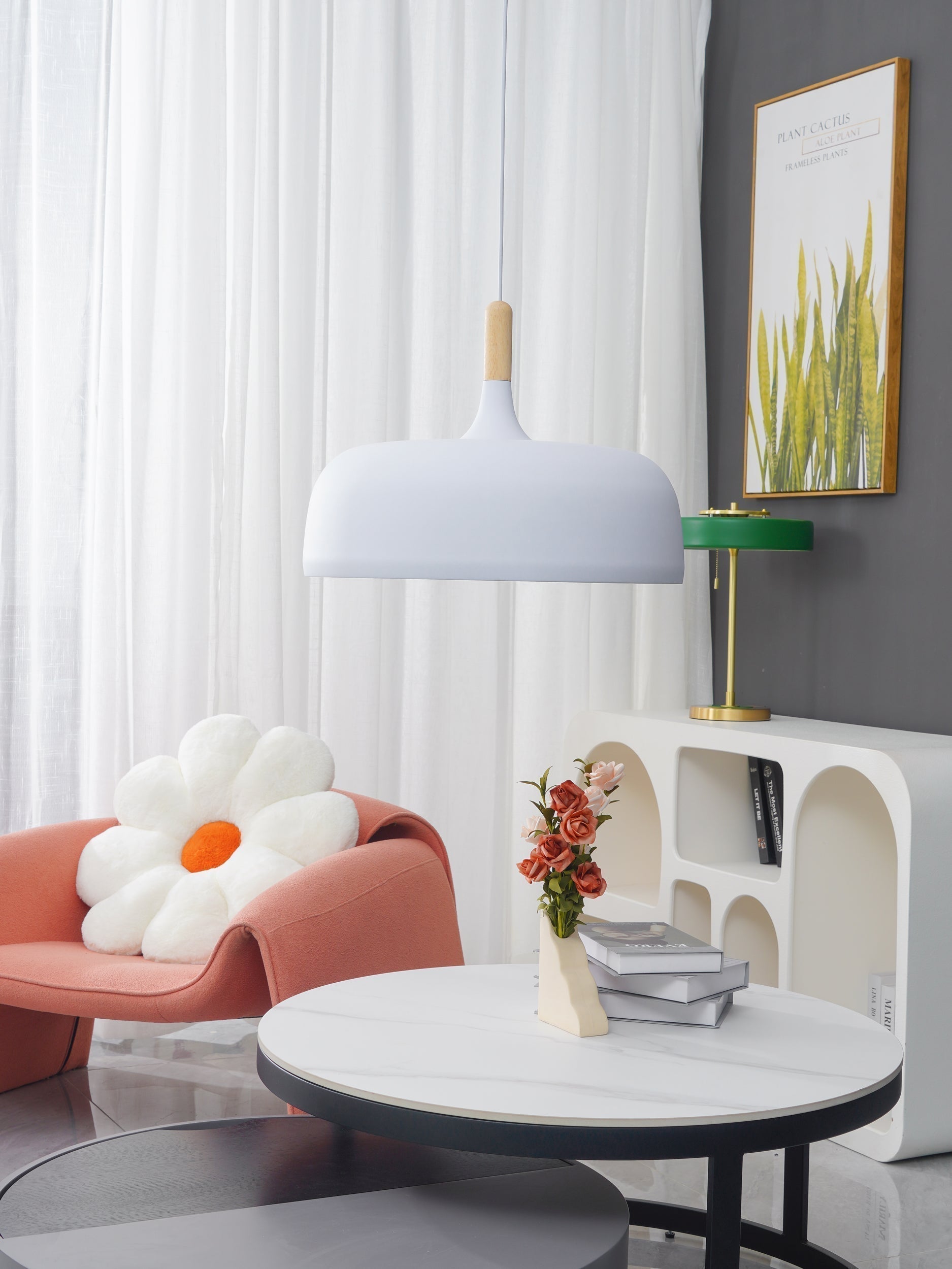 Lustra Pendelleuchte Weiß Schirm Holz-Letslighting
