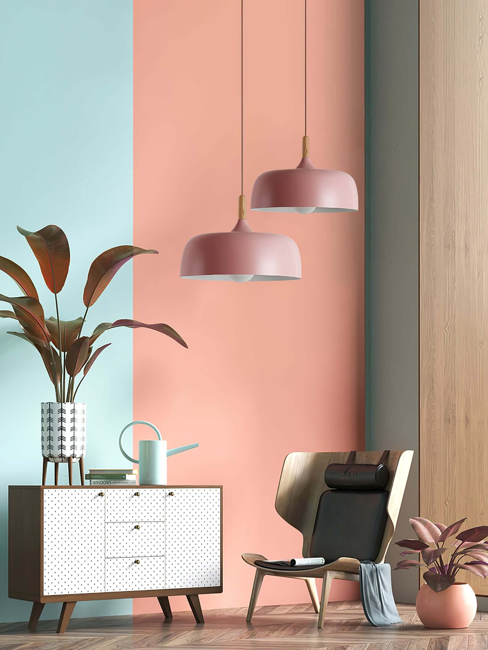 Lustra Pendelleuchte Weiß Schirm Holz-Letslighting
