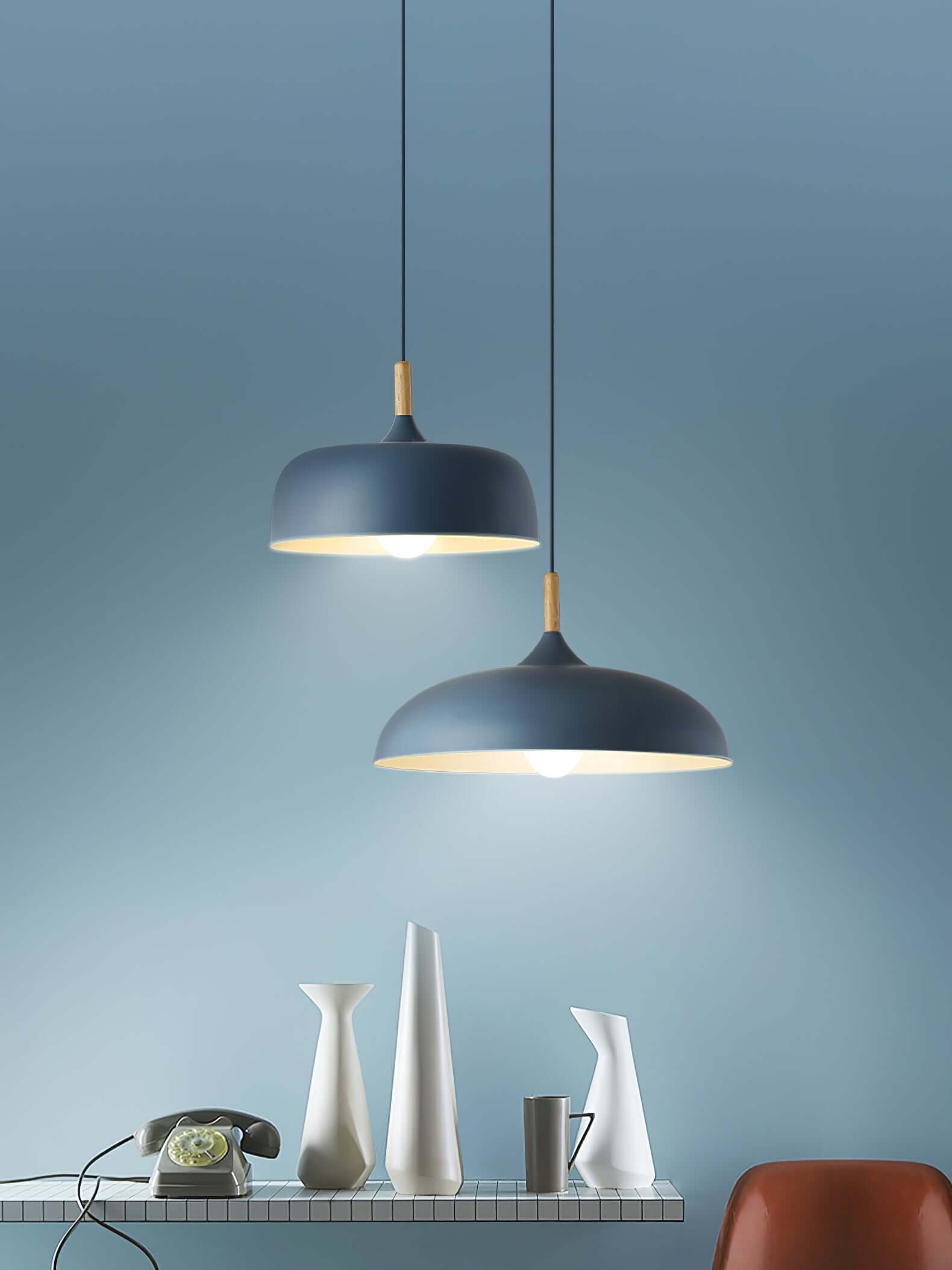 Lustra Pendelleuchte Weiß Schirm Holz-Letslighting