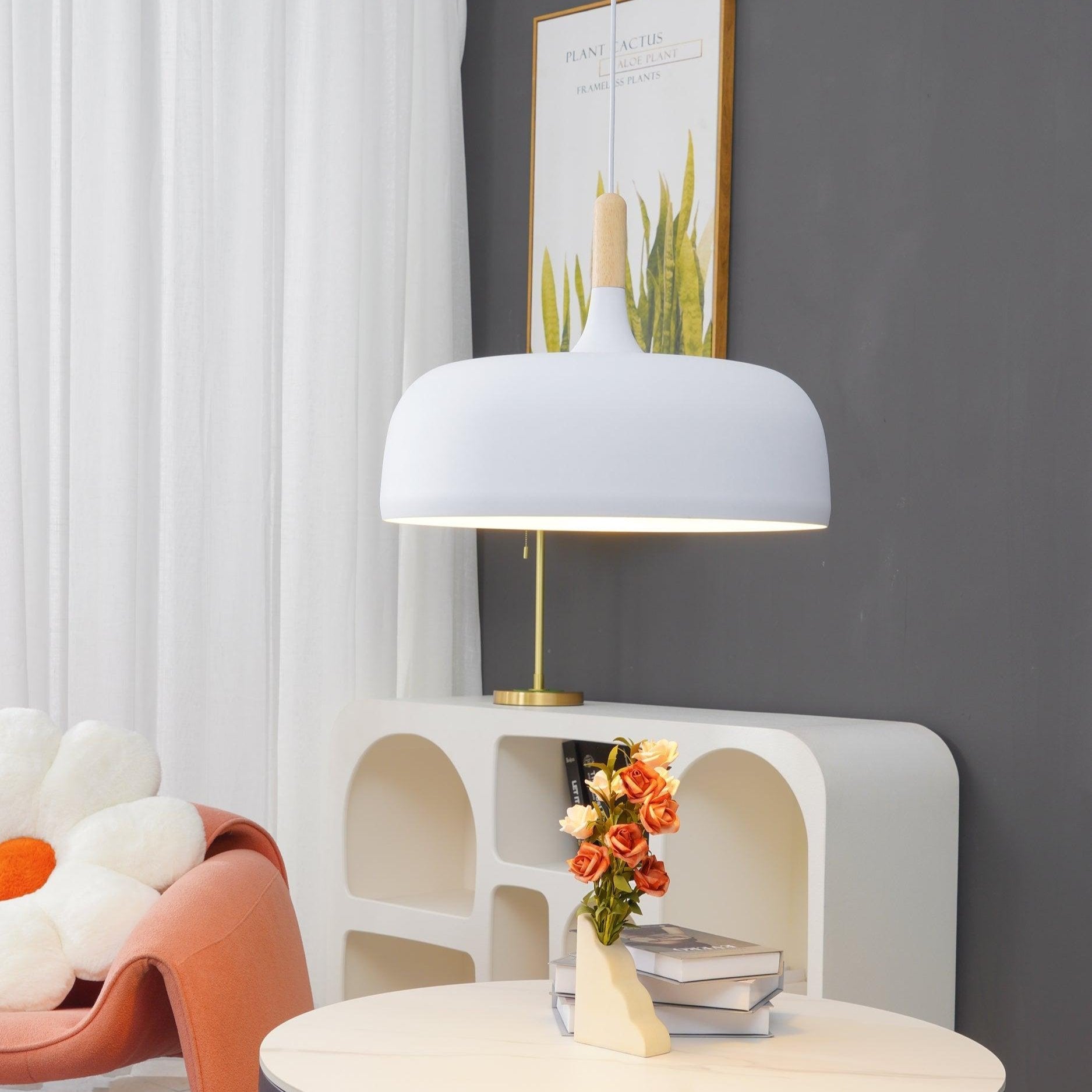 Lustra Pendelleuchte Weiß Schirm Holz-Letslighting