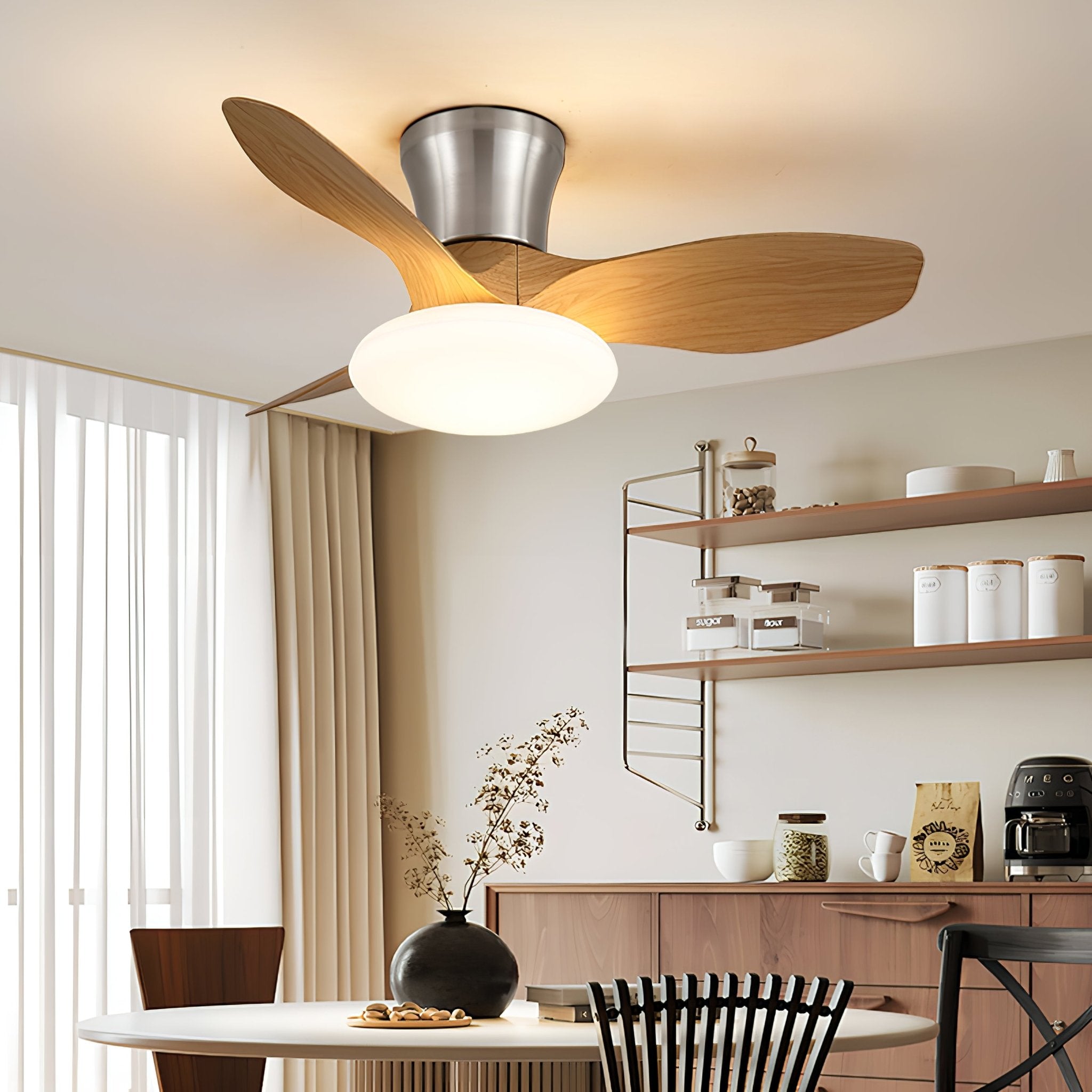 Velora Moderner Deckenventilator aus Holz mit Beleuchtung, Nahaufnahme des LED-Lichts