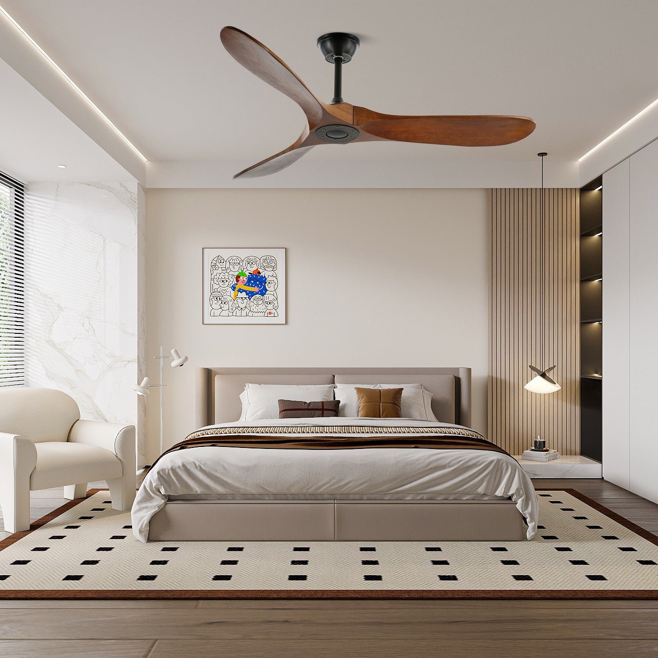 Nahaufnahme der Holzflügel des Aviona Deckenventilators.