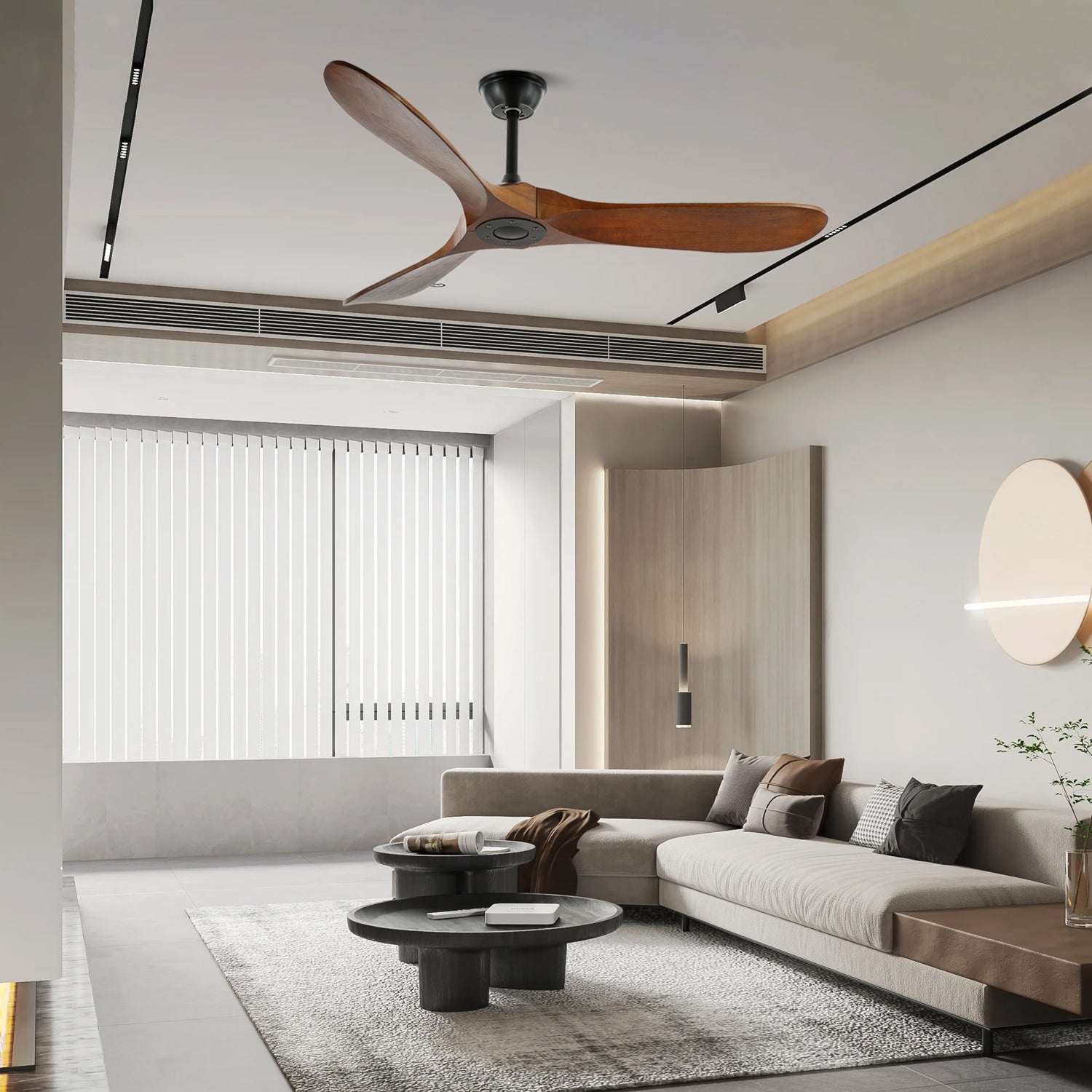 Diagramm der Abmessungen des Aviona Deckenventilators (Ø 132cm / 52″).