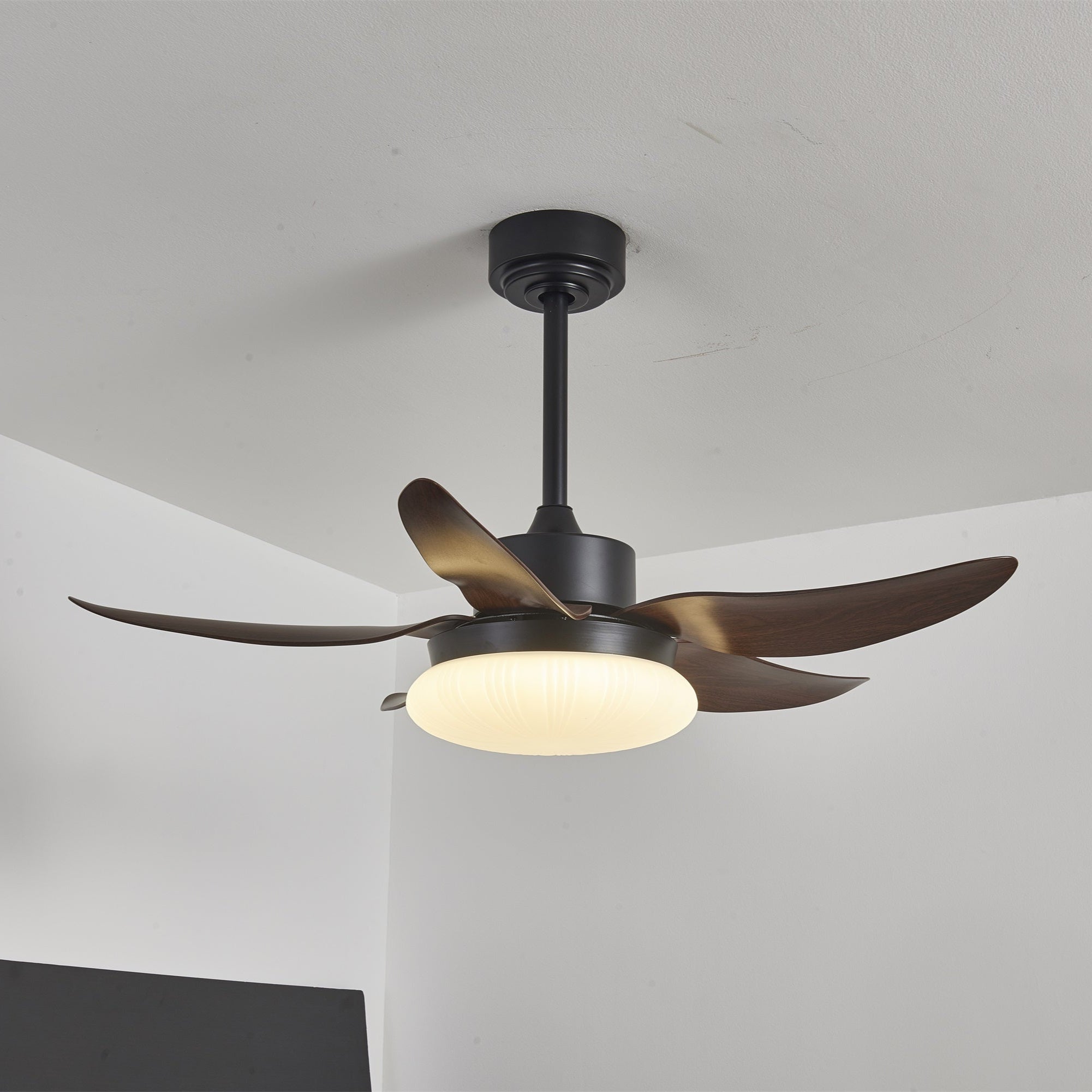 Zerith Deckenventilator mit Beleuchtung, Nahaufnahme der Walnuss-ABS-Flügel