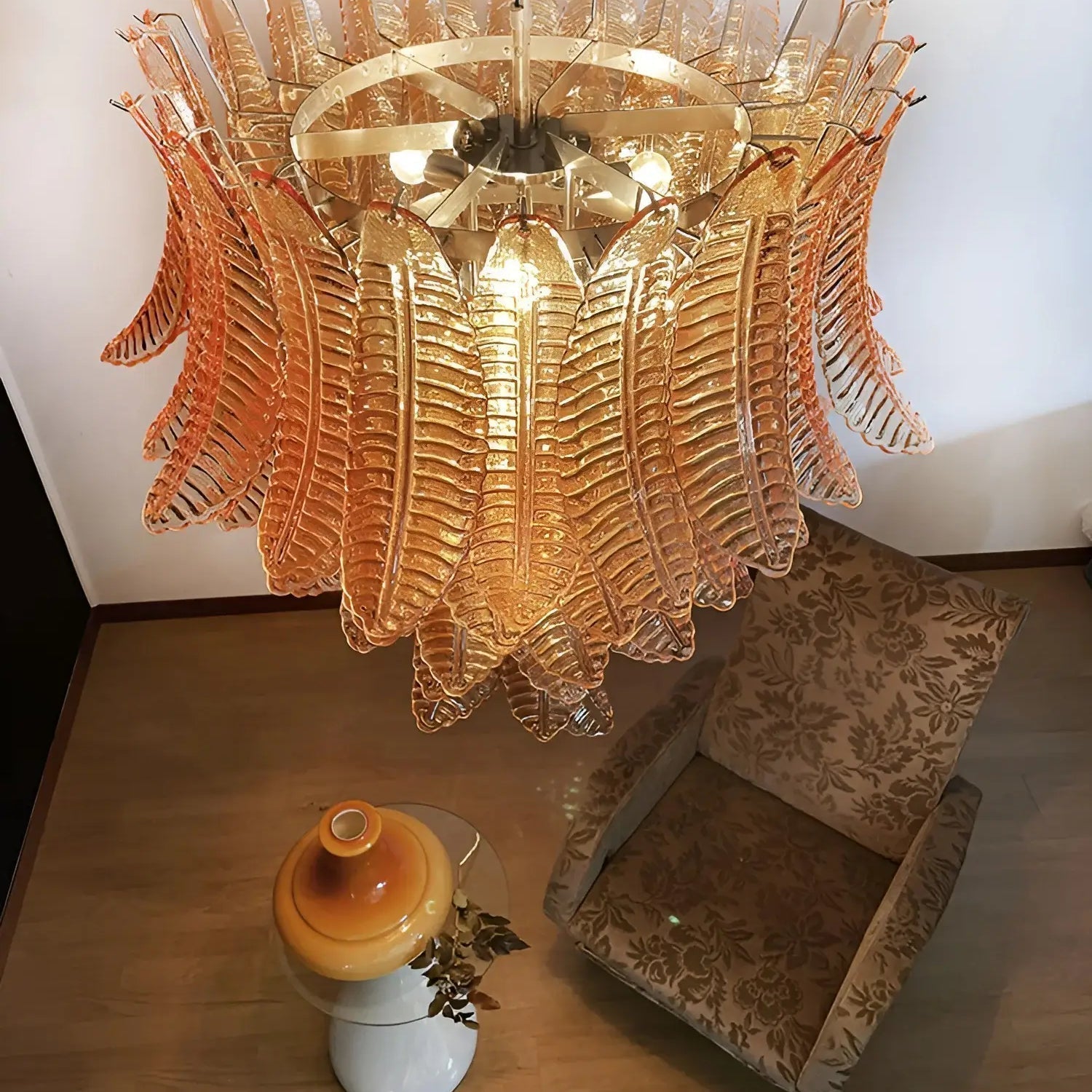 Aurora Chandelier Amber Murano Glass Leaves Layered - Neutralighting