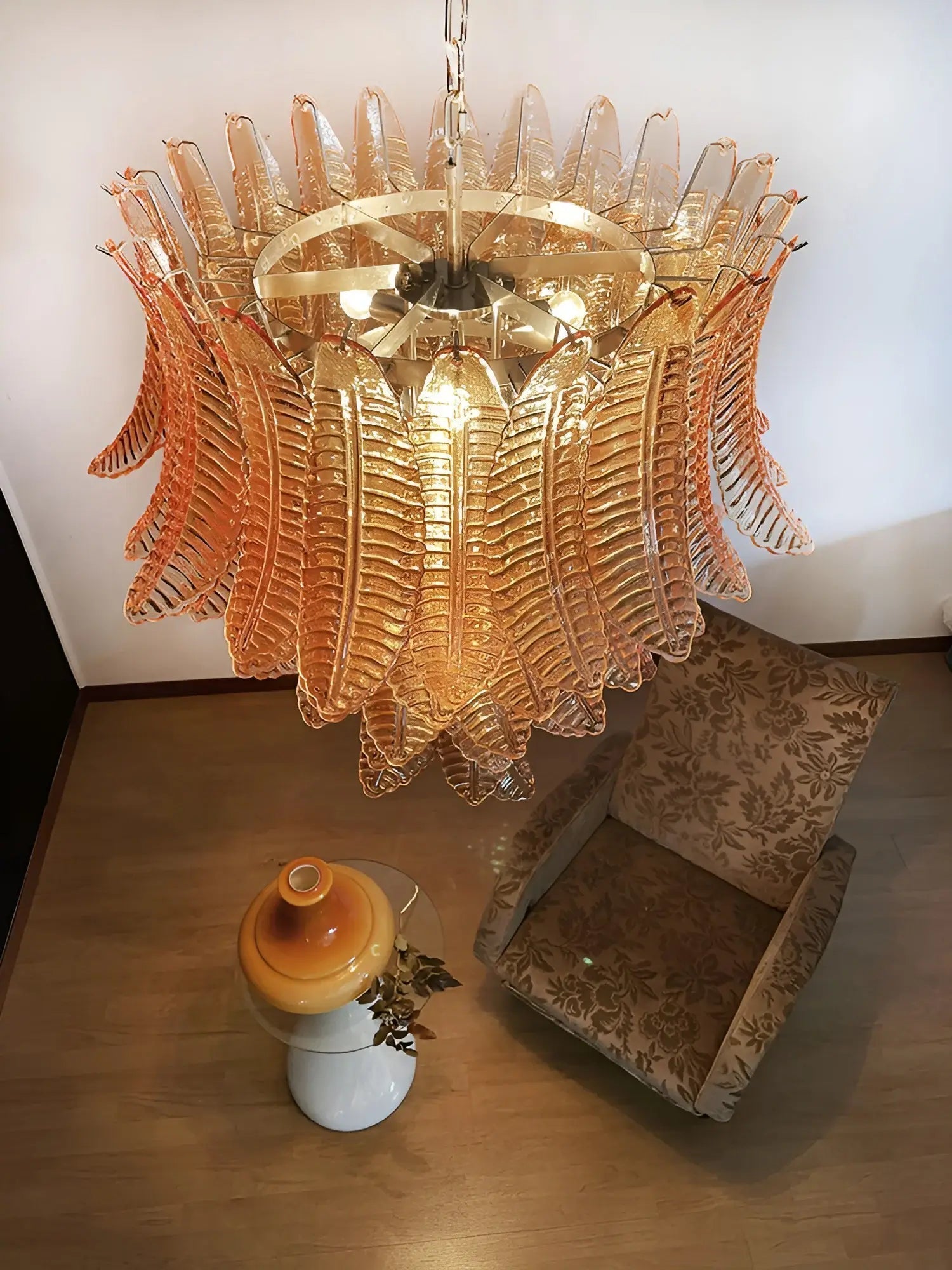 Aurora Chandelier Amber Murano Glass Leaves Layered - Neutralighting