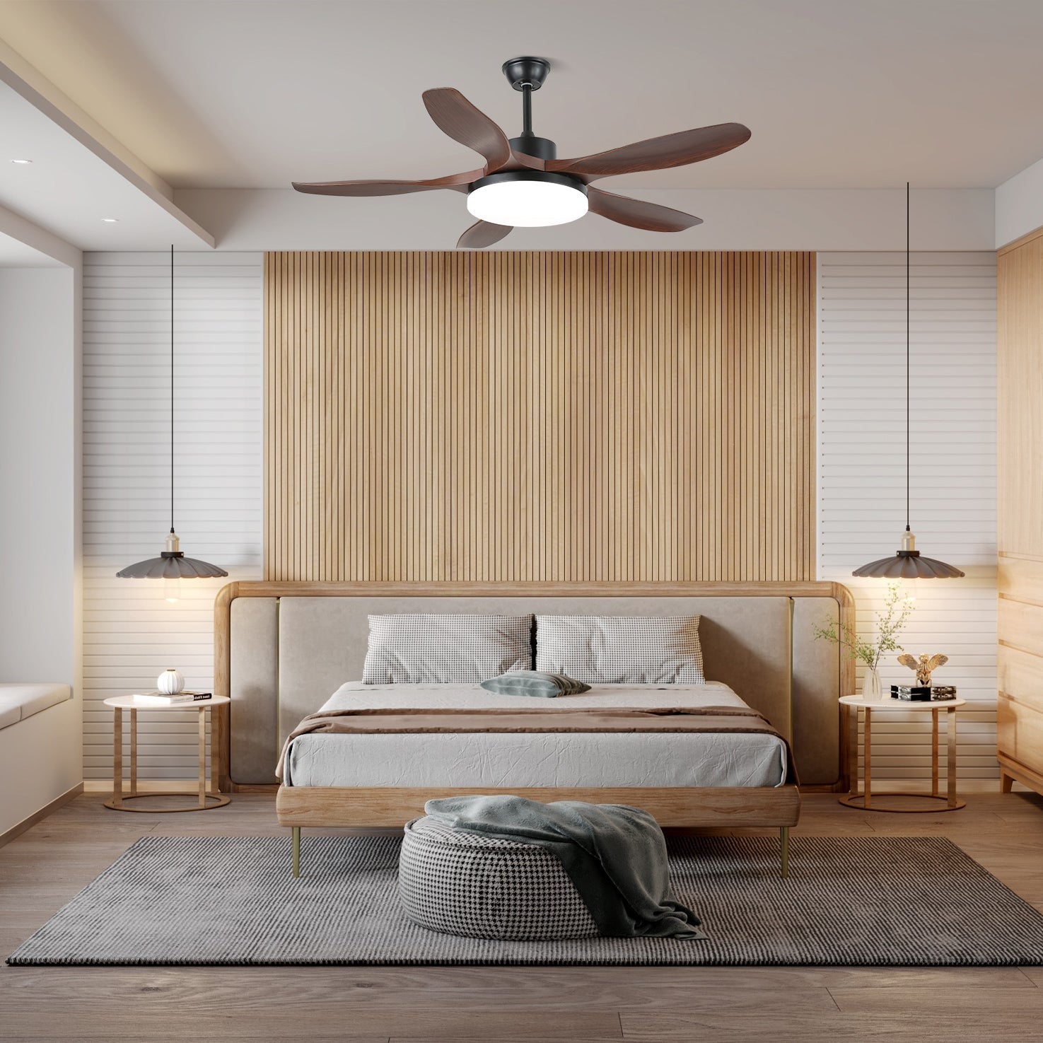 Arysen Minimalistische Deckenventilatorleuchte aus Holz mit integrierter LED