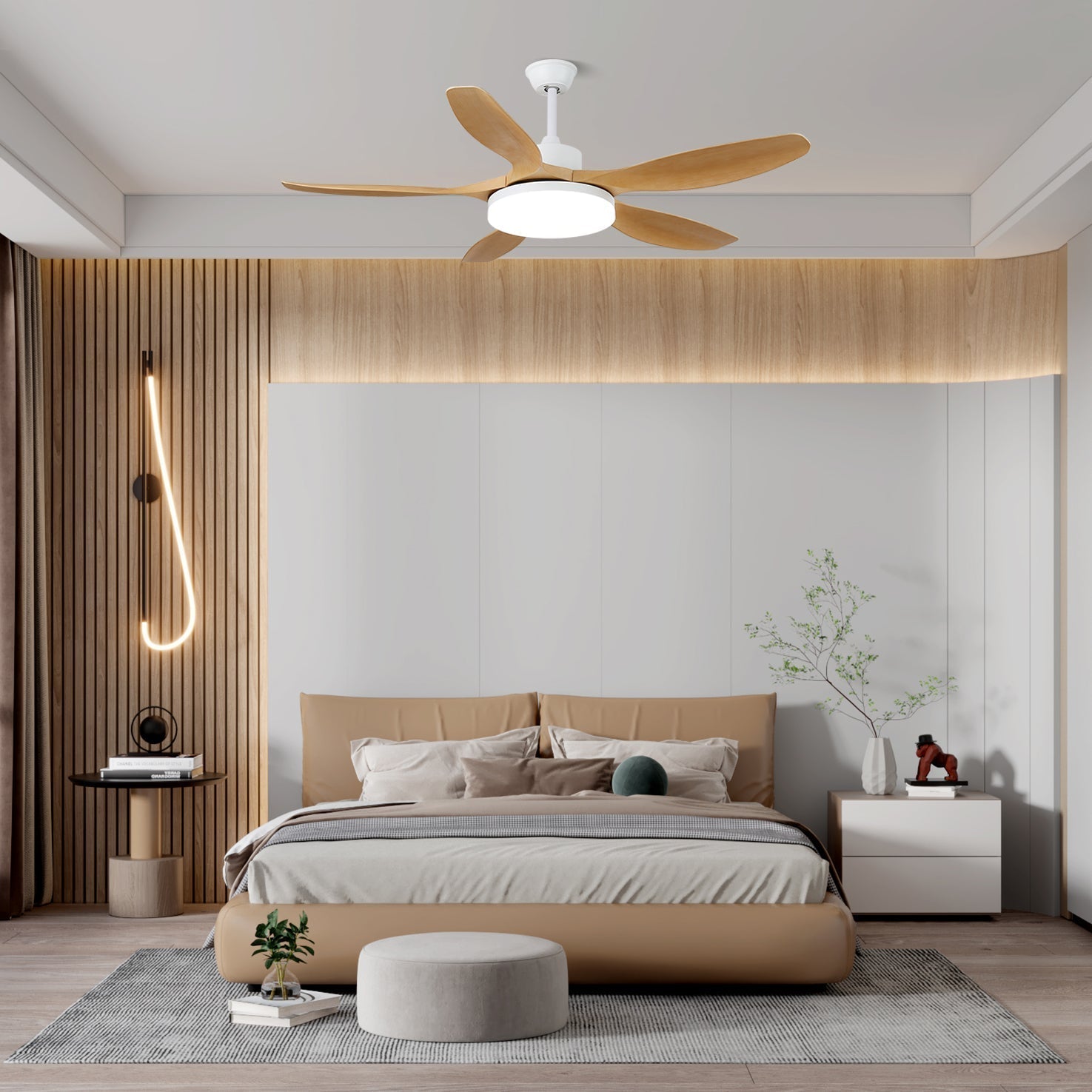 Detailansicht des Motors der Arysen Minimalistischen Deckenventilatorleuchte aus Holz