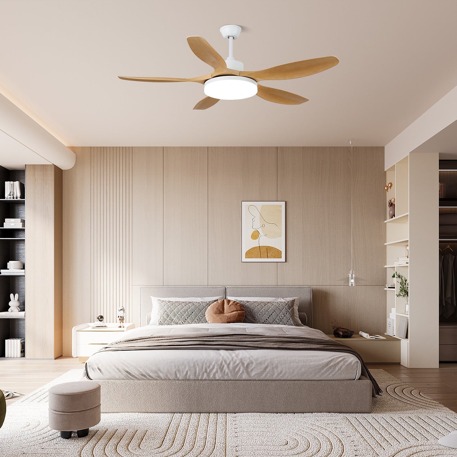 Arysen Minimalistische Deckenventilatorleuchte aus Holz in Nussbaumholzmaserung