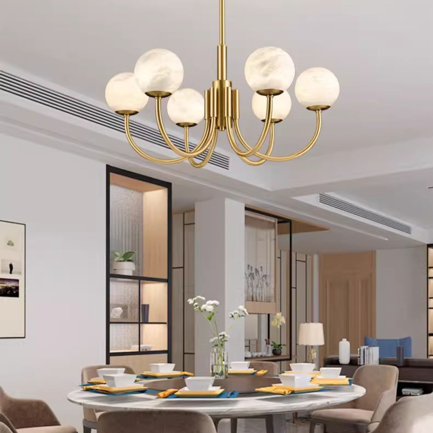 Mjolkuvys Modern Minimalist Globe Brass Alabaster Chandelier - Letslighting