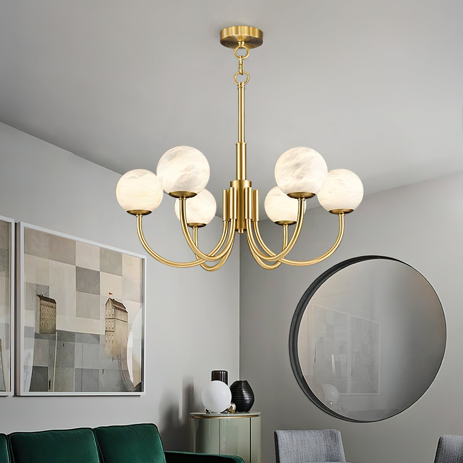 Mjolkuvys Modern Minimalist Globe Brass Alabaster Chandelier - Letslighting