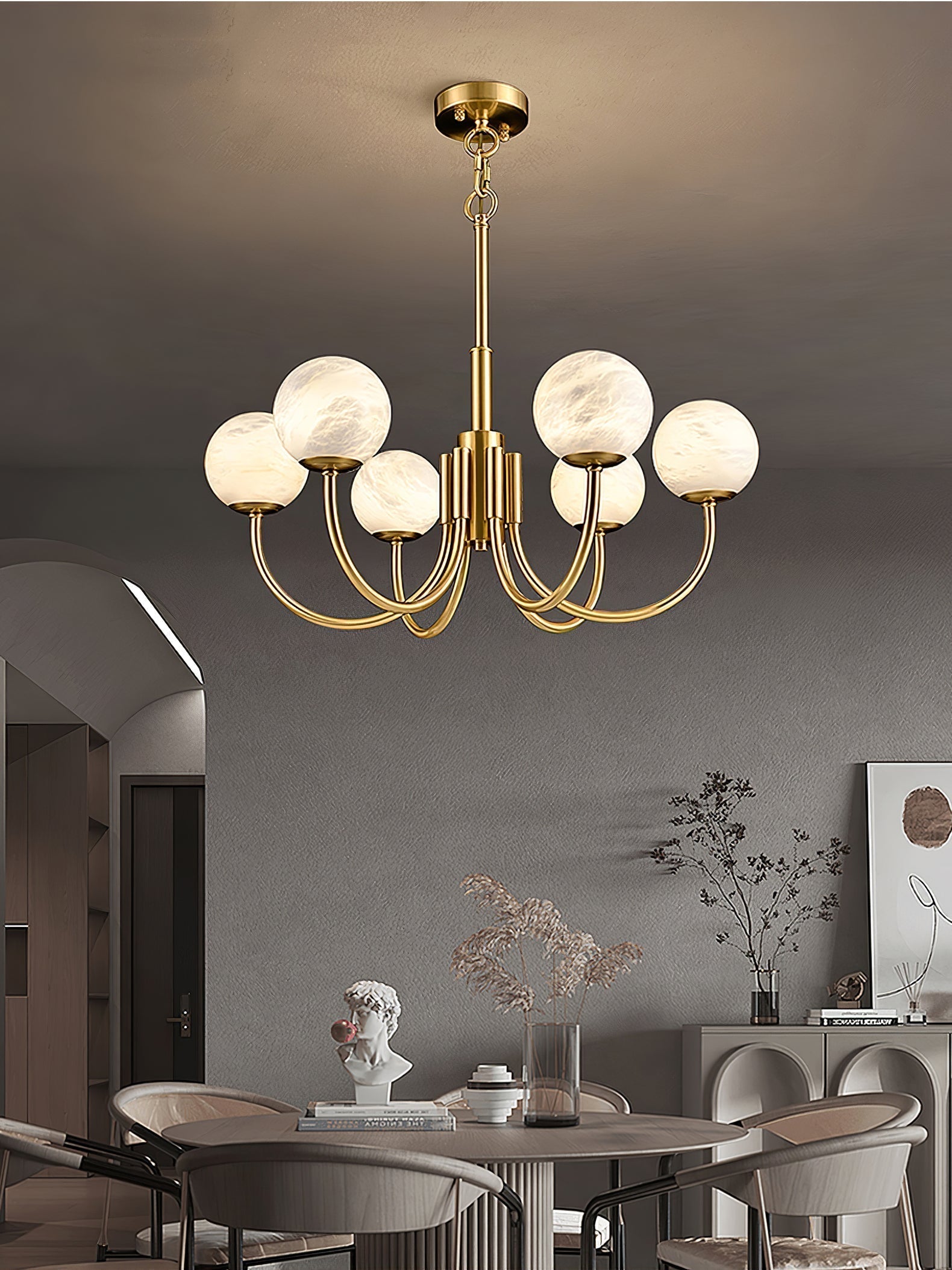 Mjolkuvys Modern Minimalist Globe Brass Alabaster Chandelier - Letslighting