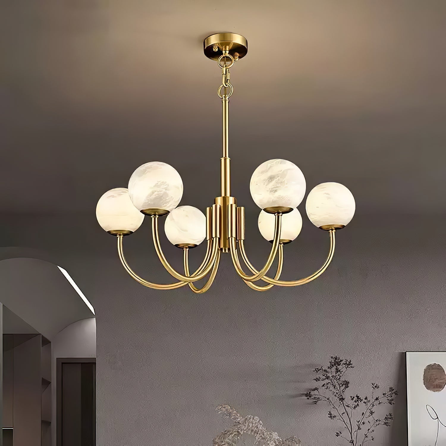 Mjolkuvys Modern Minimalist Globe Brass Alabaster Chandelier - Letslighting