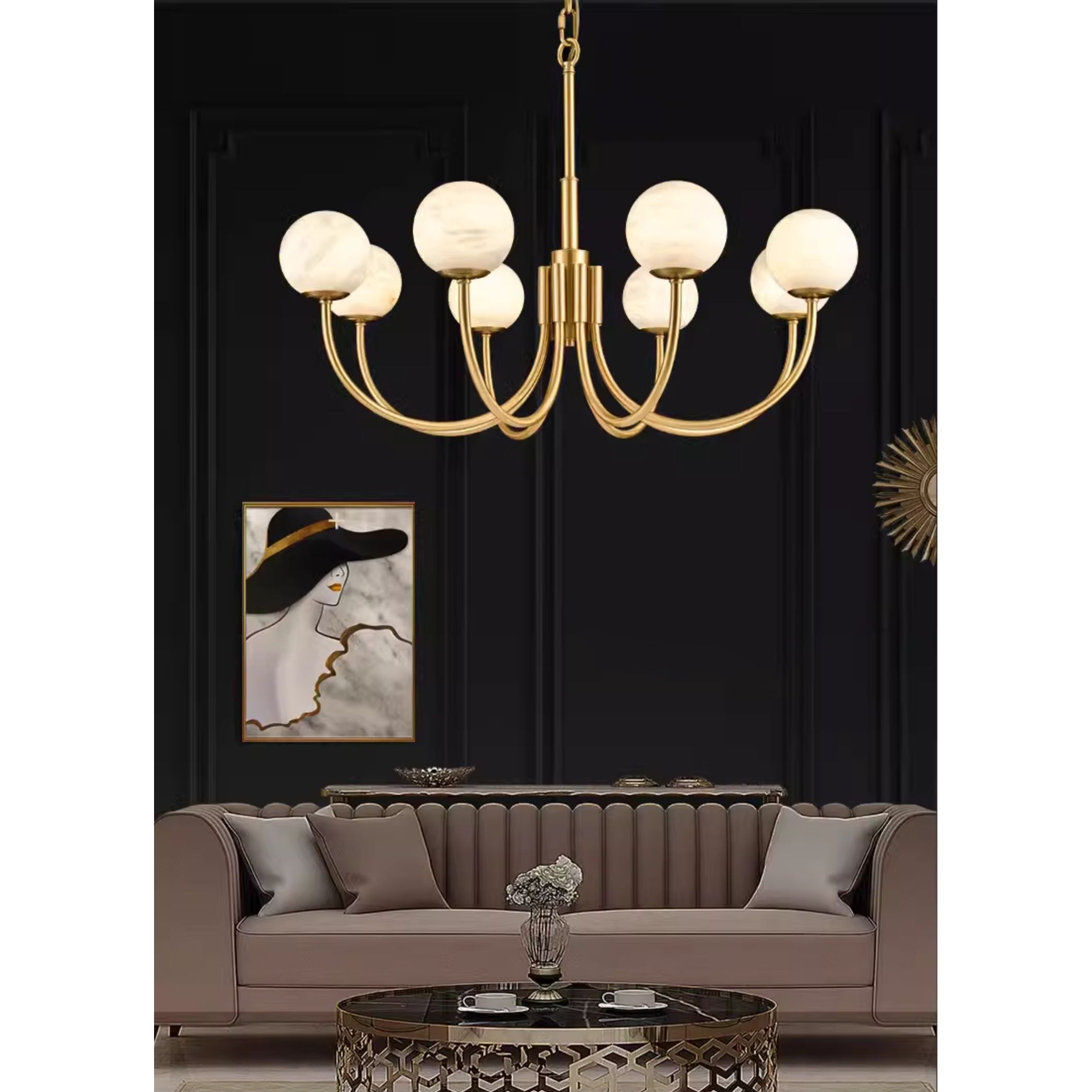 Mjolkuvys Modern Minimalist Globe Brass Alabaster Chandelier - Letslighting
