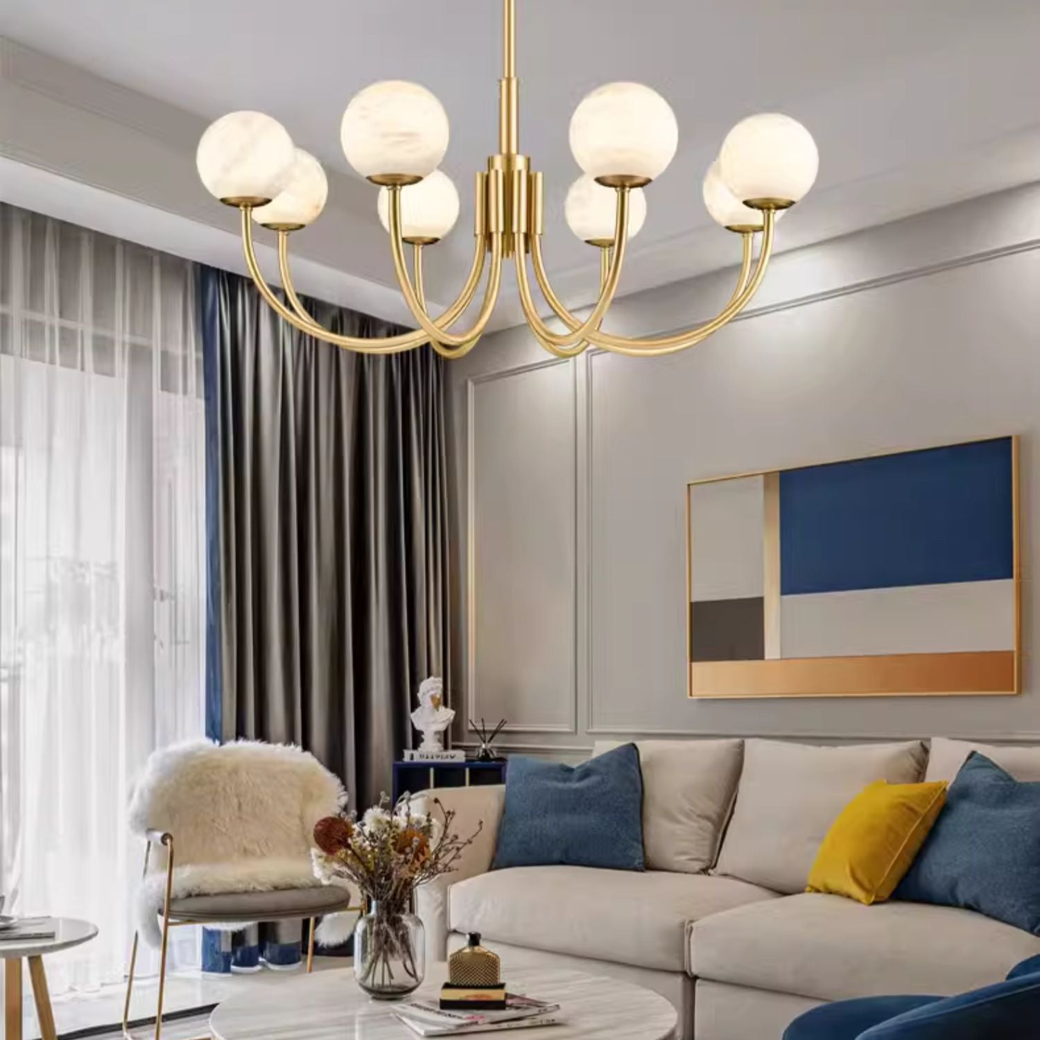 Mjolkuvys Modern Minimalist Globe Brass Alabaster Chandelier - Letslighting