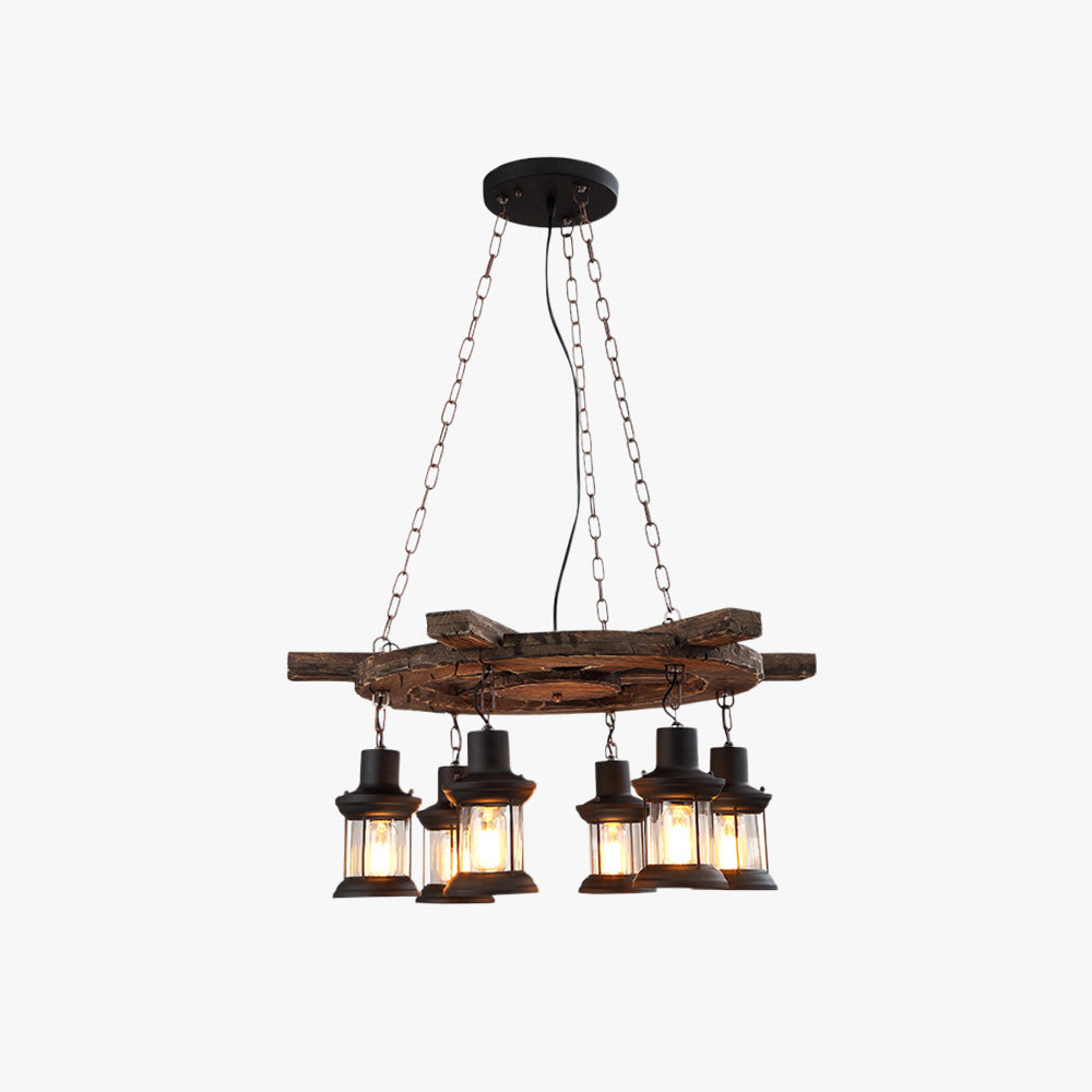 Epoch Retro Ruder Pendelleuchte, 6 Köpfe, Wohnzimmer Holz Glas