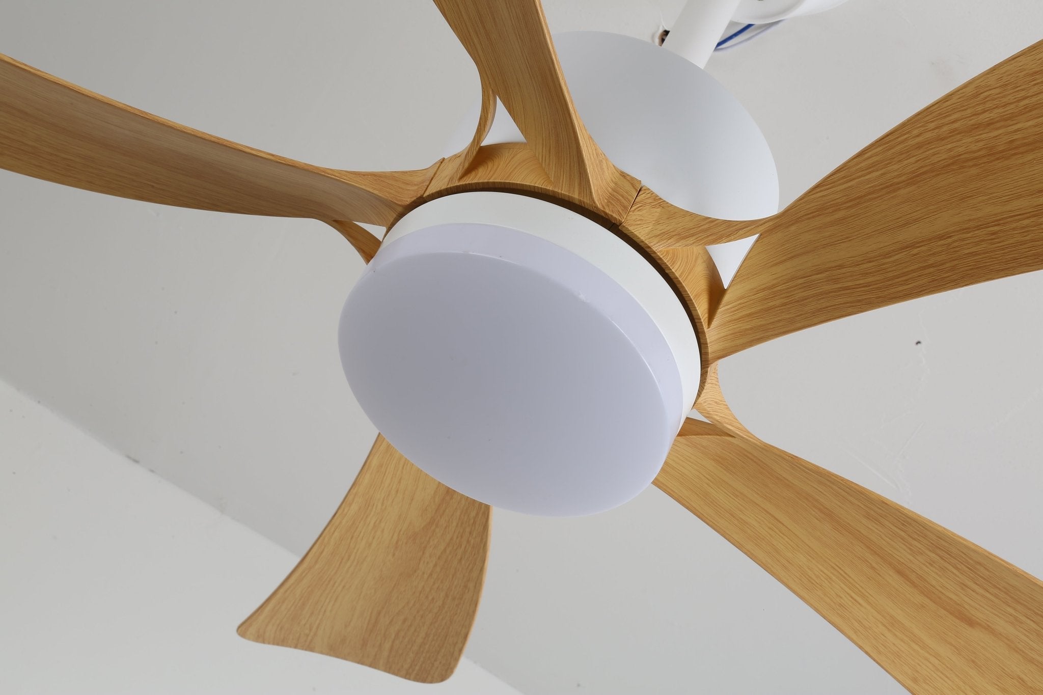 Sylven Deckenventilator mit Licht aus niedriger Perspektive