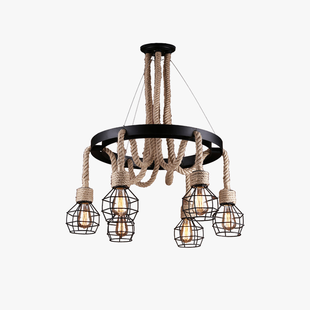 Epoch Industrieller LED Kronleuchter Flachsfarbenes Metall/Seil-Schmiedekunst Wohnzimmer