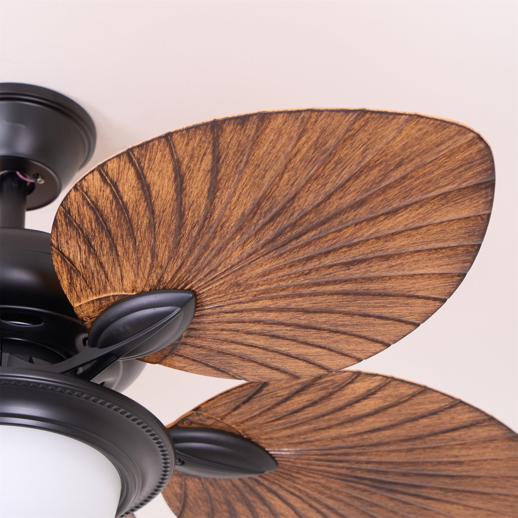 Virel Deckenventilatorleuchte im tropischen Holzdesign, Materialien präsentiert