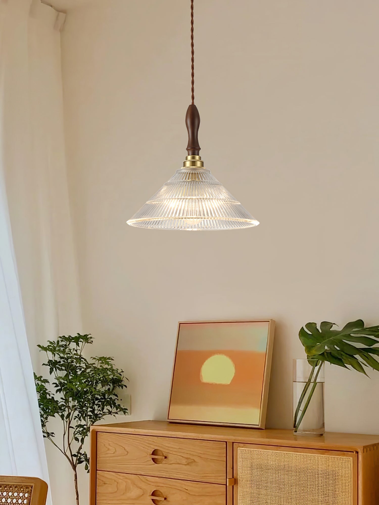 Arcara Vintage Pendelleuchte aus Geriffeltem Glas und Holz-Letslighting