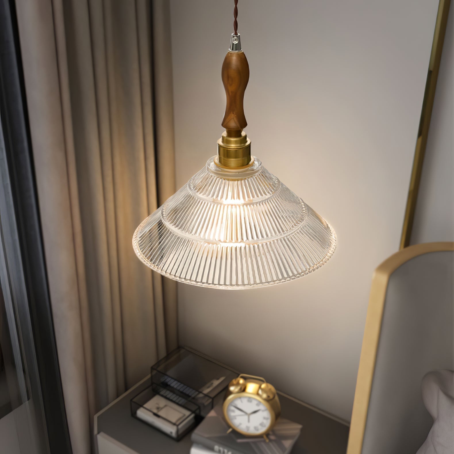 Arcara Vintage Pendelleuchte aus Geriffeltem Glas und Holz-Letslighting