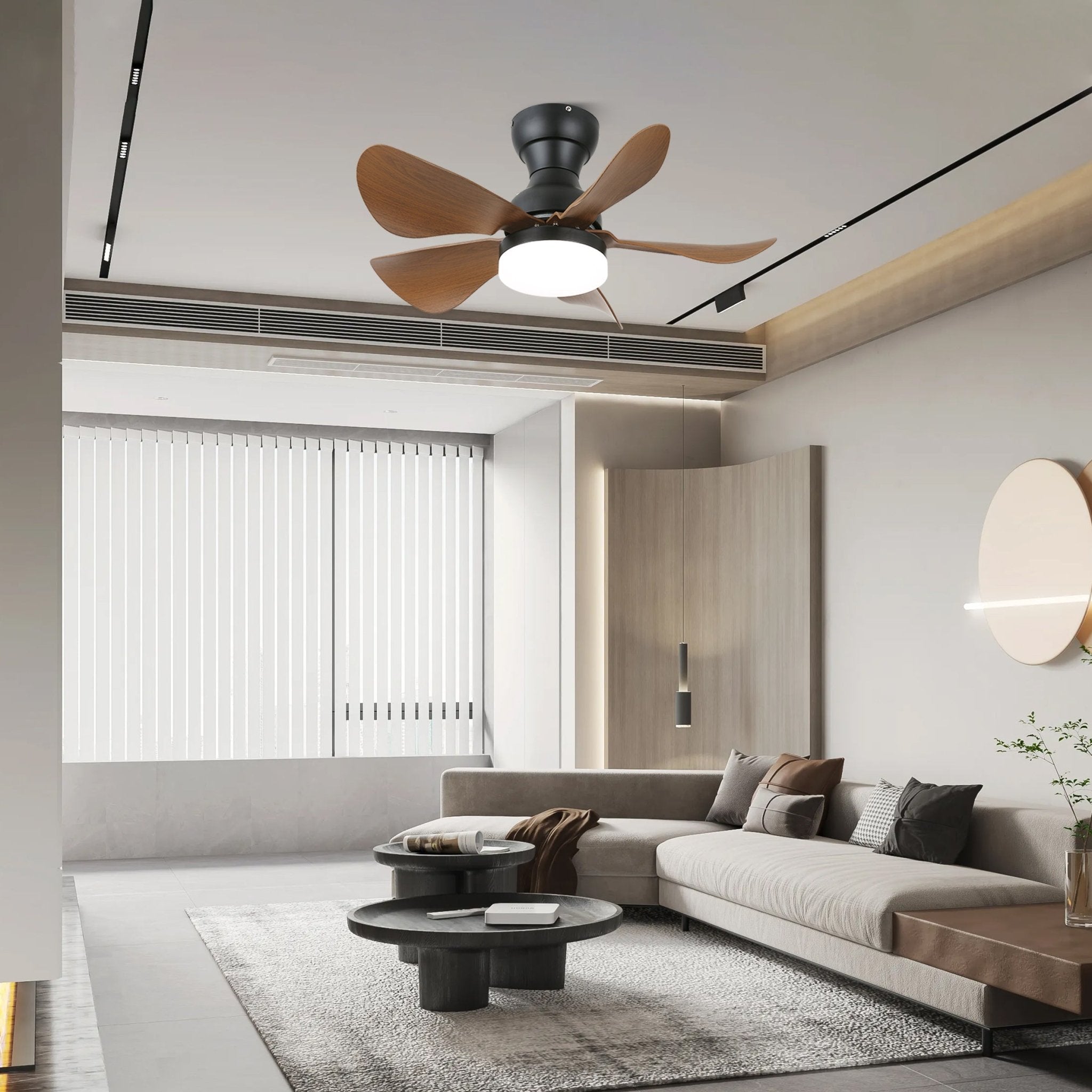 Callen Holz Deckenventilatorleuchte, in einem modernen Wohnzimmer