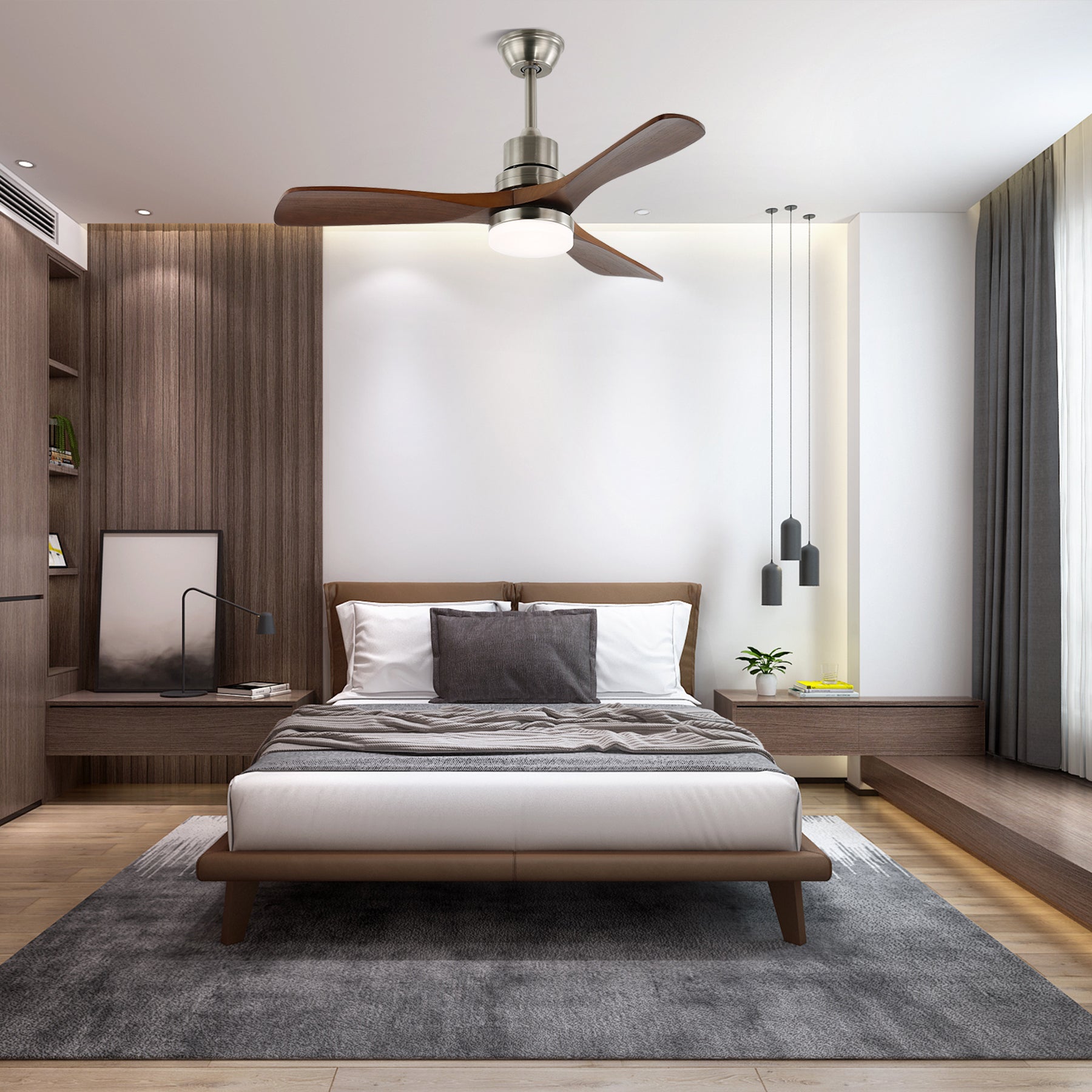 Nahaufnahme der Holzflügel und der integrierten LED des Kaelen Deckenventilators mit Beleuchtung