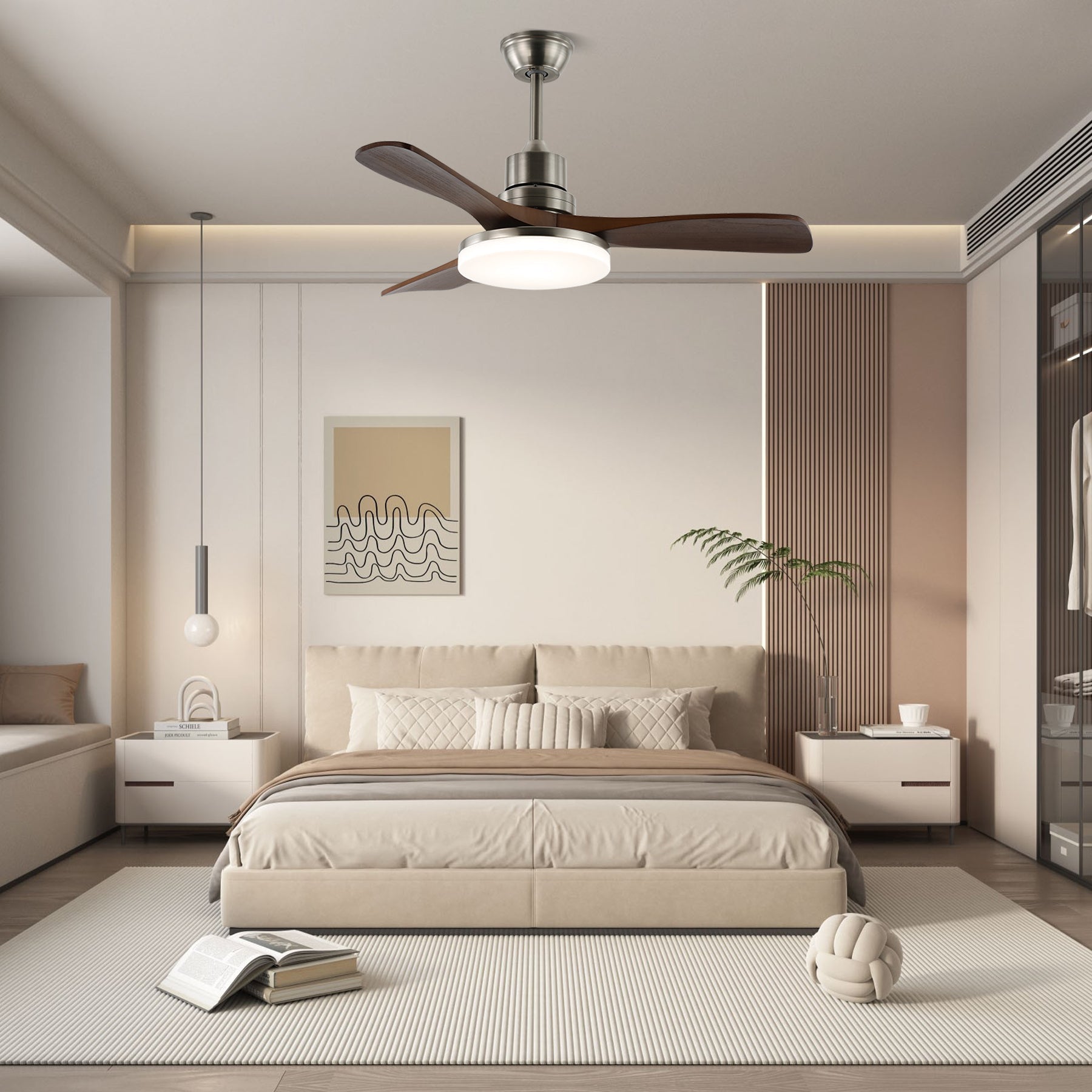 Kaelen Moderner Deckenventilator mit Holz und Beleuchtung, der seine Walnussholzmaserung zeigt